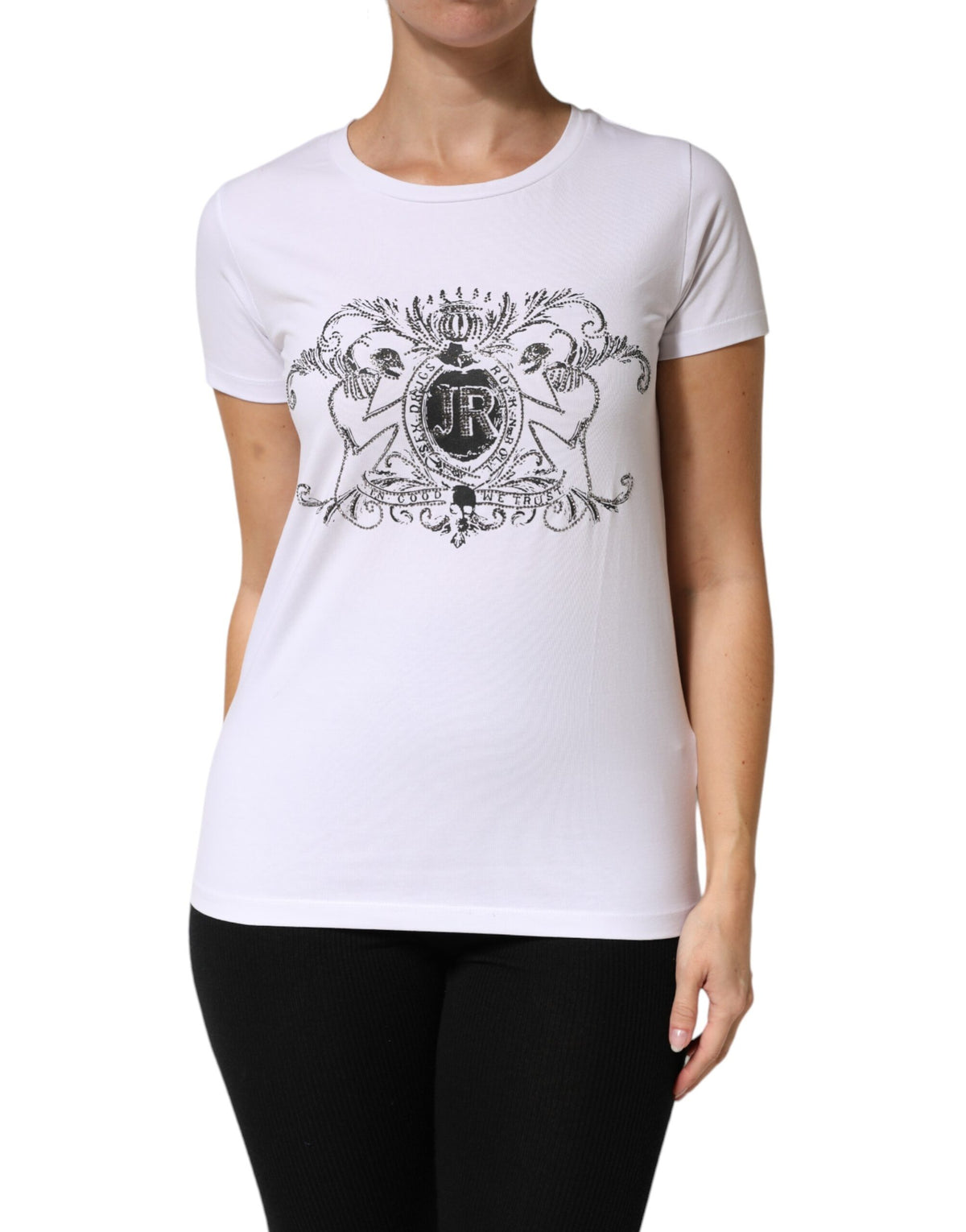 John Richmond White Printed Cotton Stretch Crew Neck Women's T-shirt (Pre-Owned)