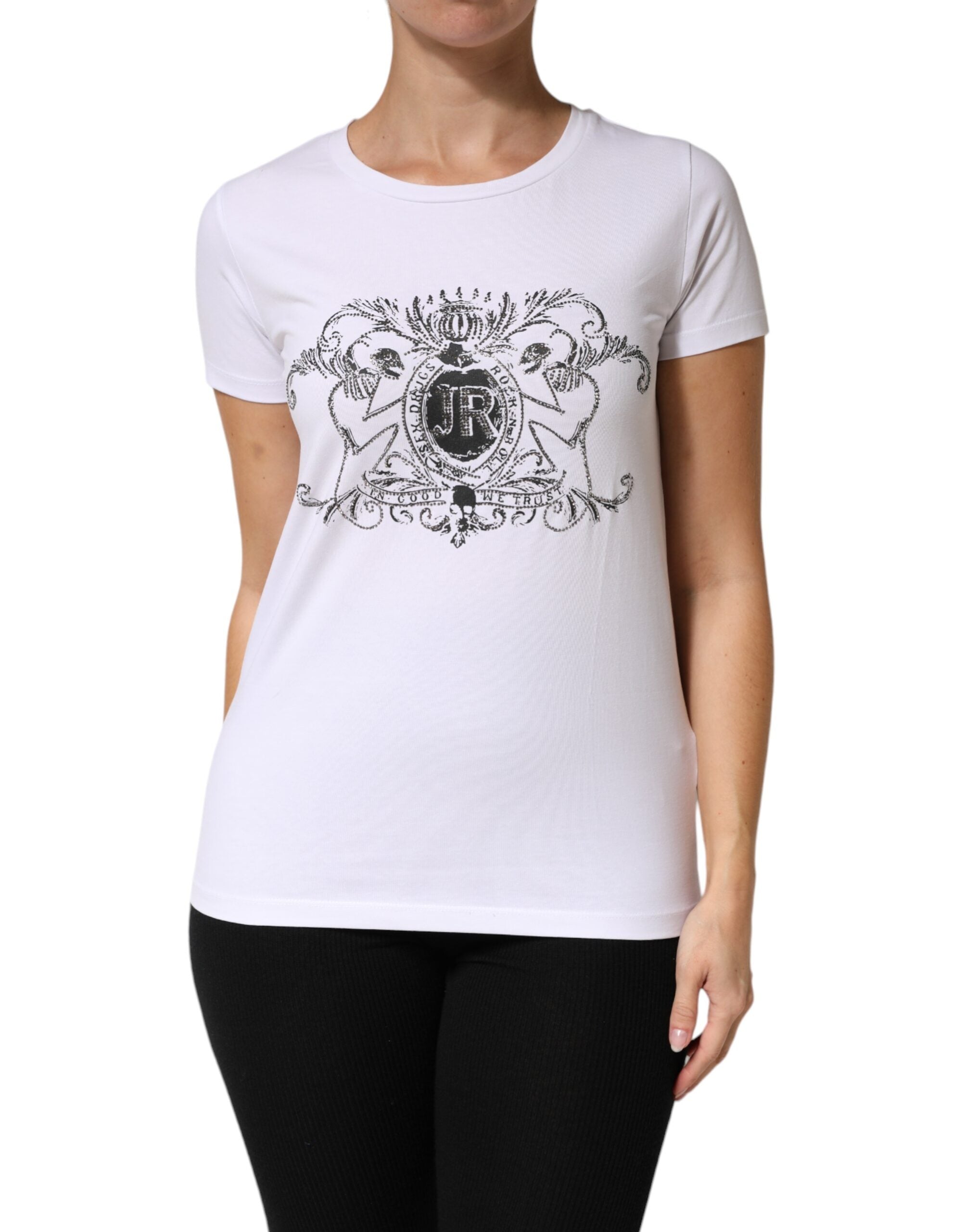 John Richmond White Printed Cotton Stretch Crew Neck Women's T-shirt (Pre-Owned)
