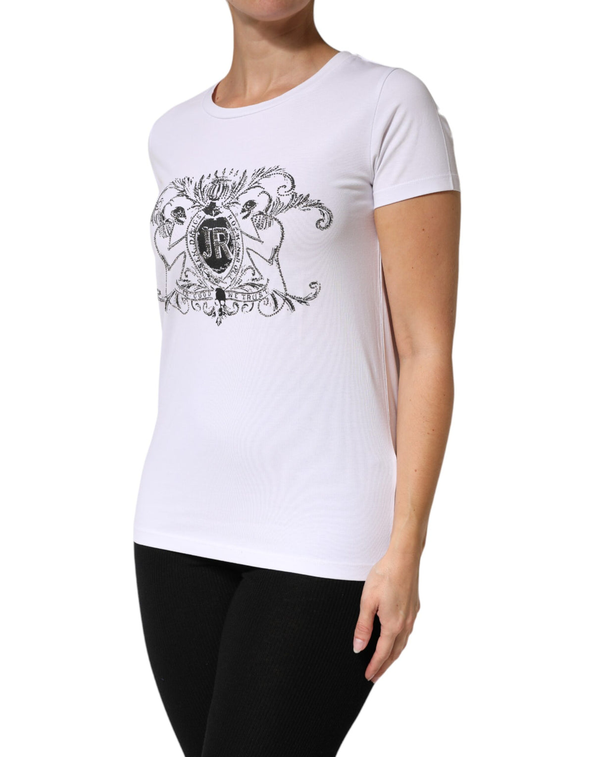 John Richmond White Printed Cotton Stretch Crew Neck Women's T-shirt (Pre-Owned)