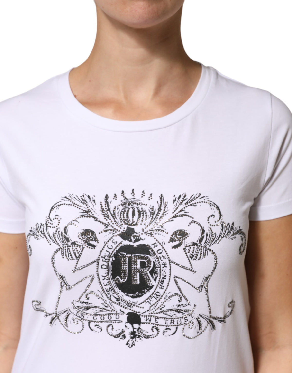 John Richmond White Printed Cotton Stretch Crew Neck Women's T-shirt (Pre-Owned)