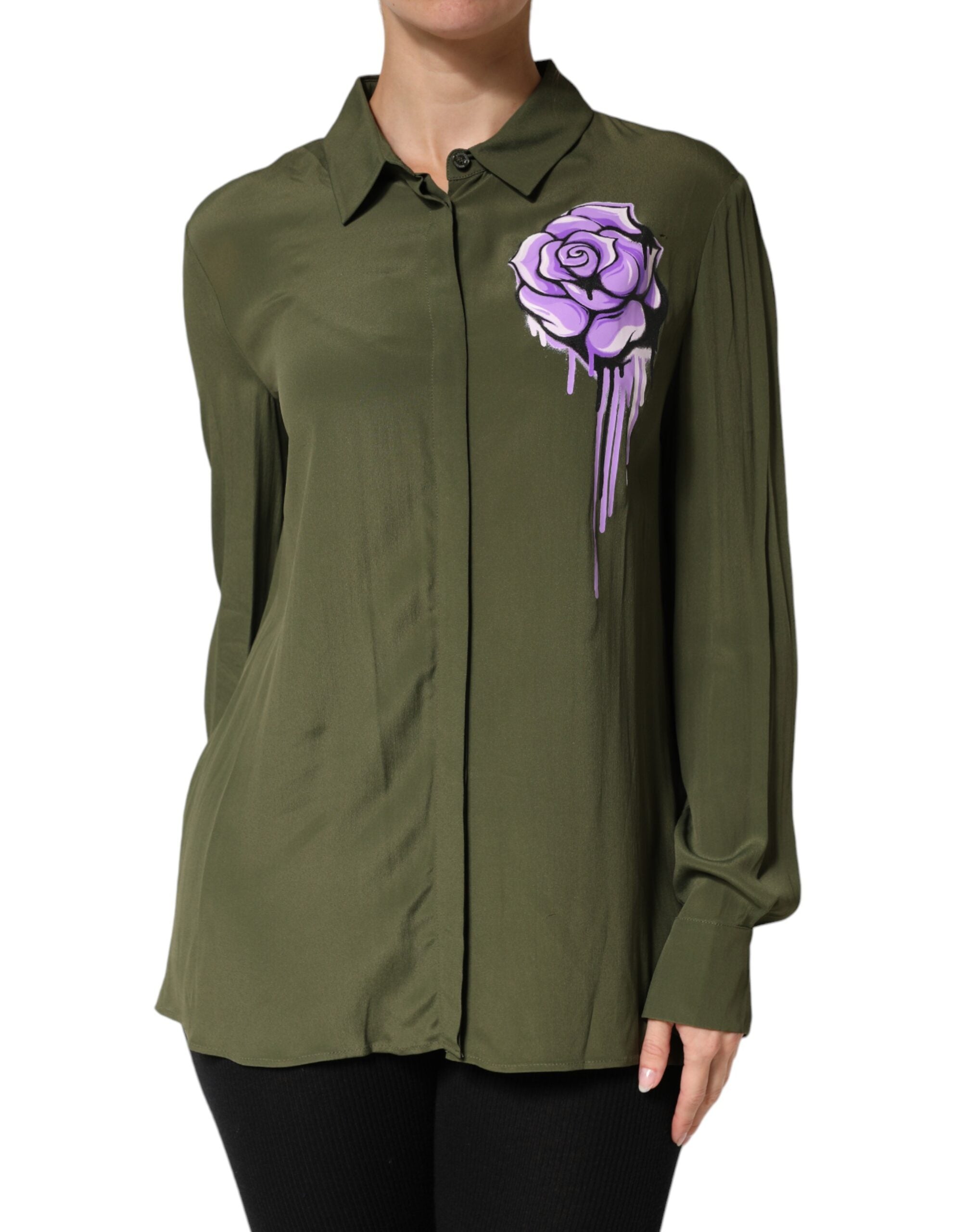 Boutique Moschino Women's Green Acetate Collared Long Sleeves Floral Women's Top (Pre-Owned)