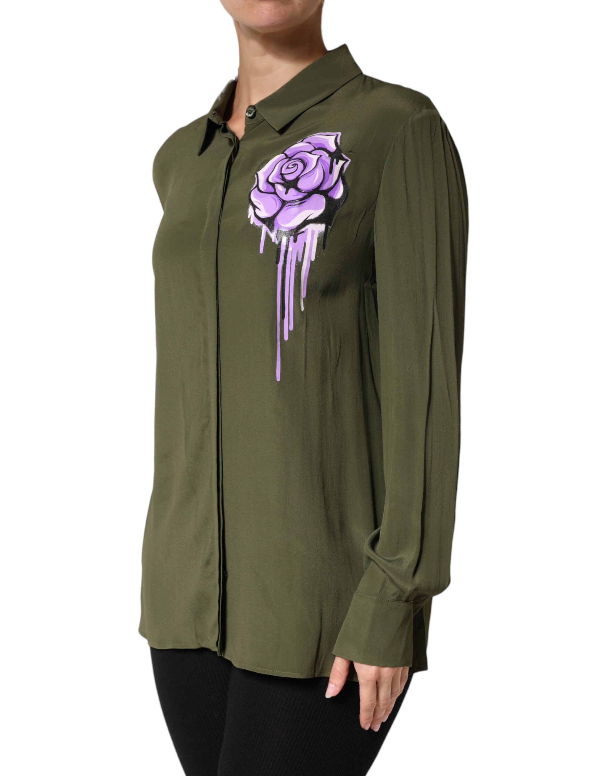Boutique Moschino Women's Green Acetate Collared Long Sleeves Floral Women's Top (Pre-Owned)