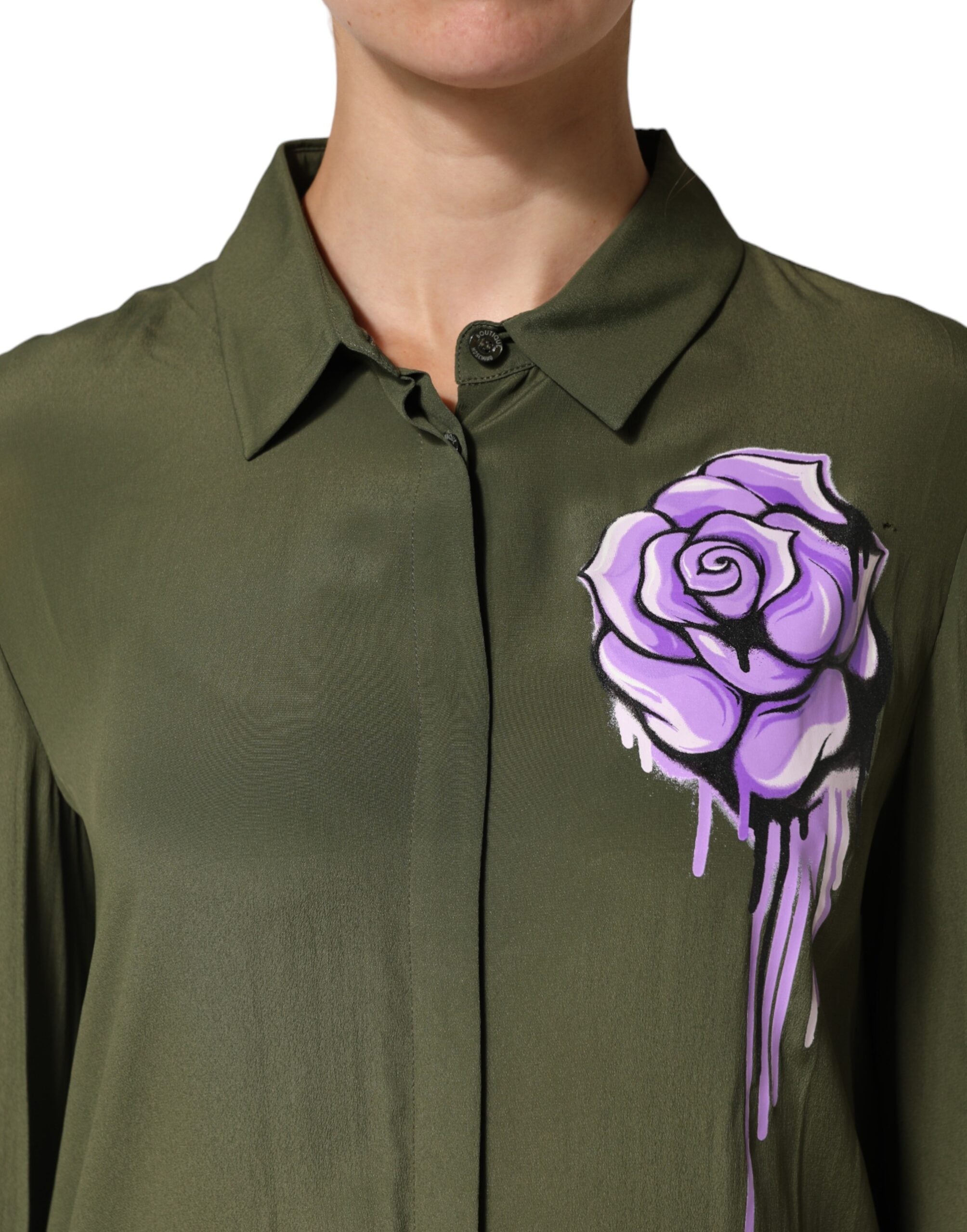 Boutique Moschino Women's Green Acetate Collared Long Sleeves Floral Women's Top (Pre-Owned)
