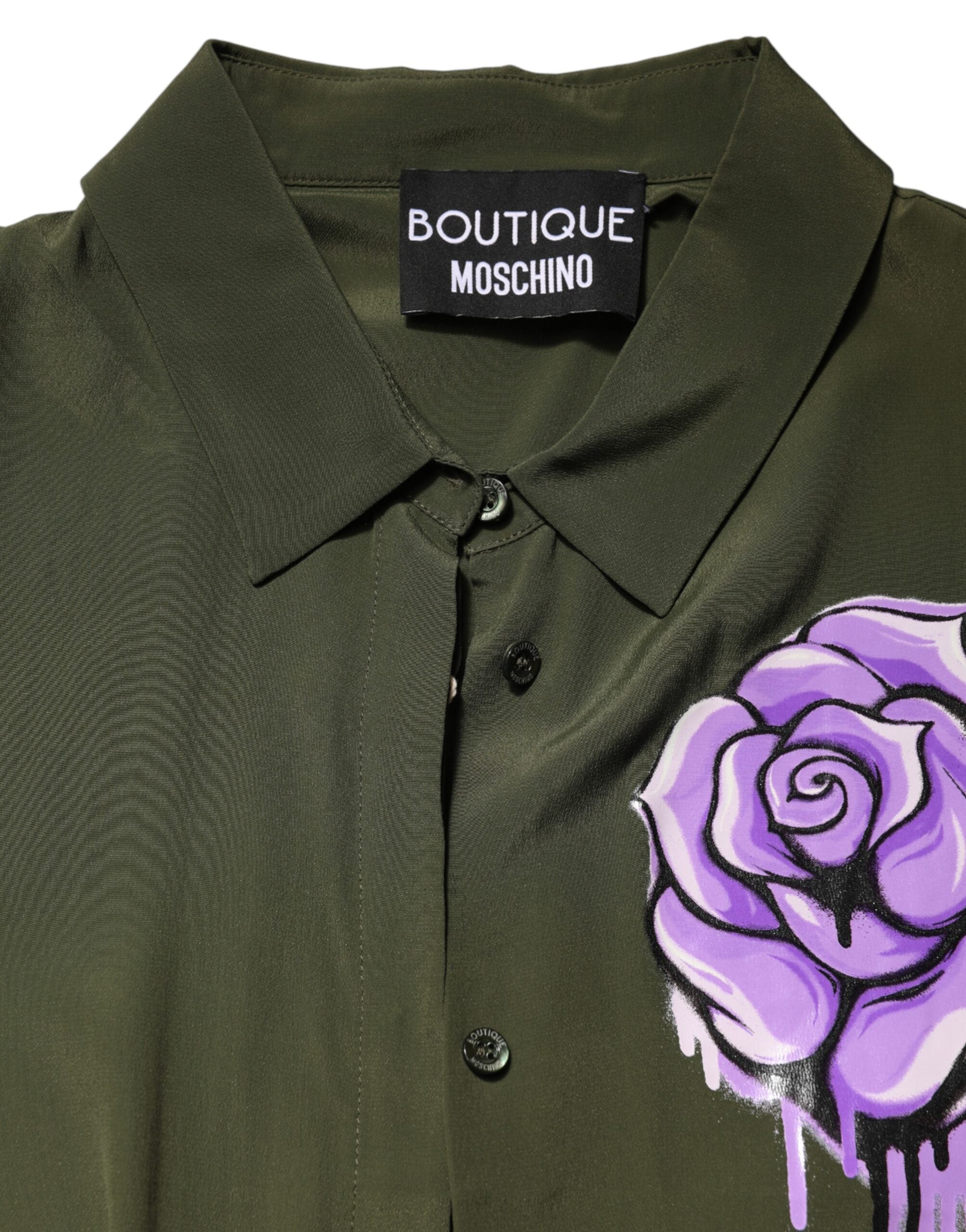 Boutique Moschino Women's Green Acetate Collared Long Sleeves Floral Women's Top (Pre-Owned)