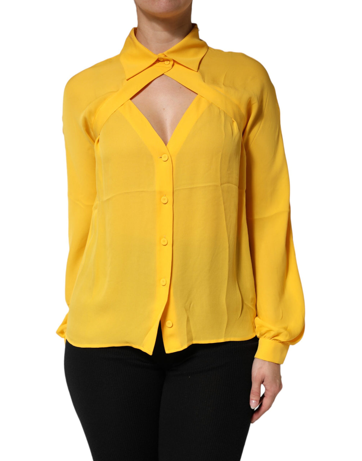 Moschino Couture Yellow Silk Collared Long Sleeves Women's Top