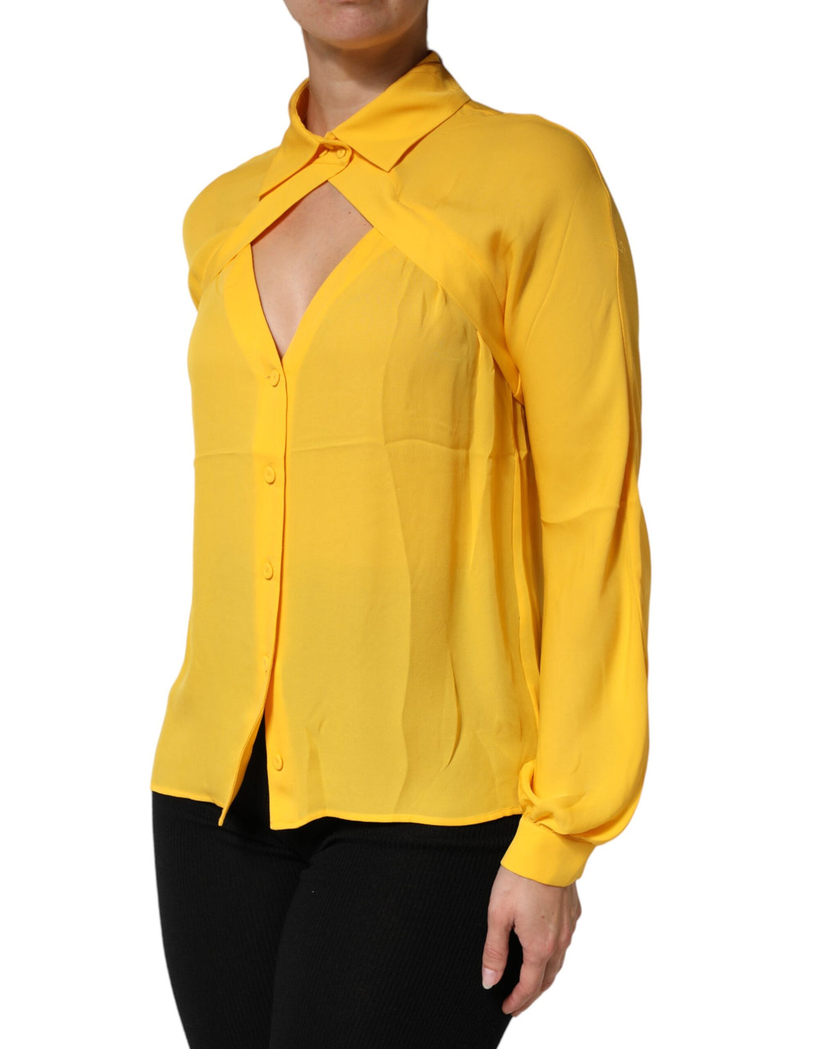 Moschino Couture Yellow Silk Collared Long Sleeves Women's Top