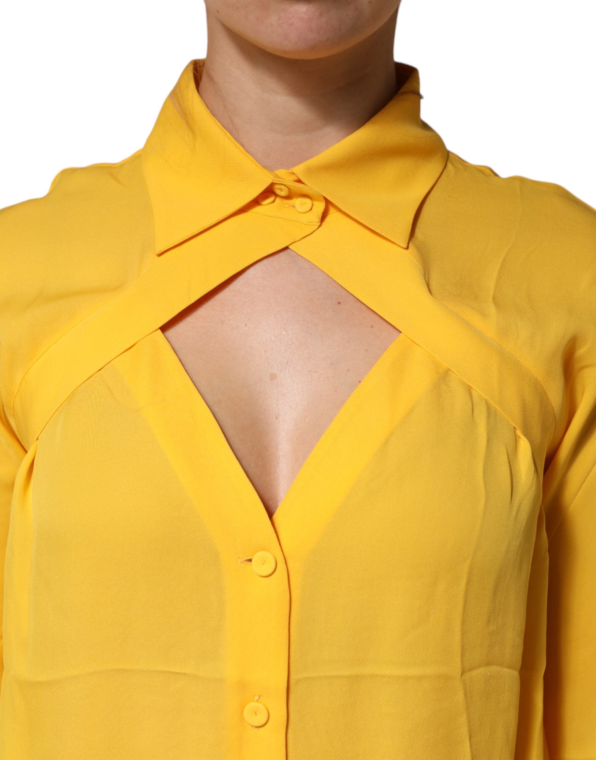 Moschino Couture Yellow Silk Collared Long Sleeves Women's Top