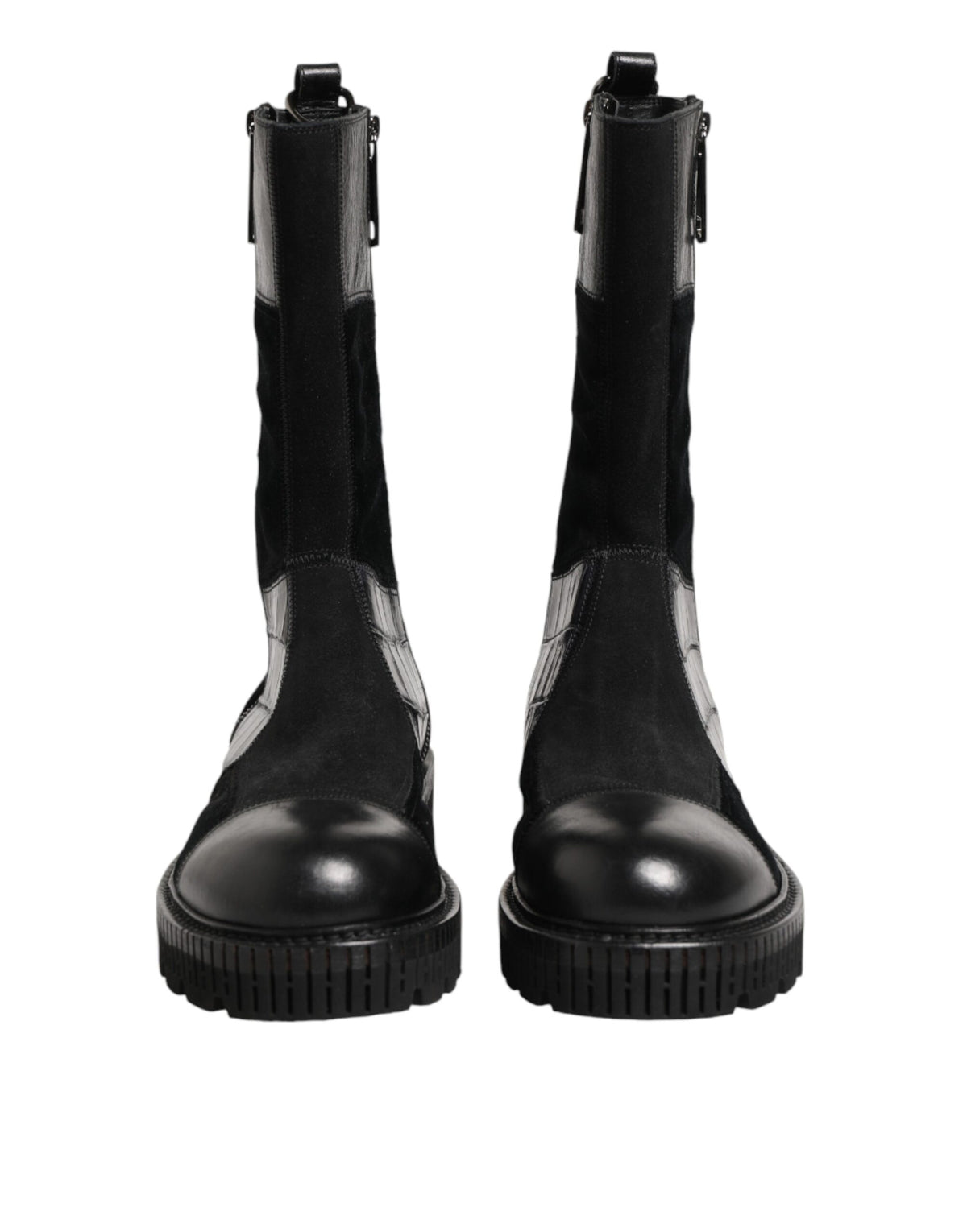 Dolce & Gabbana Black Patchwork Leather Mid Calf Boot Men's Shoes