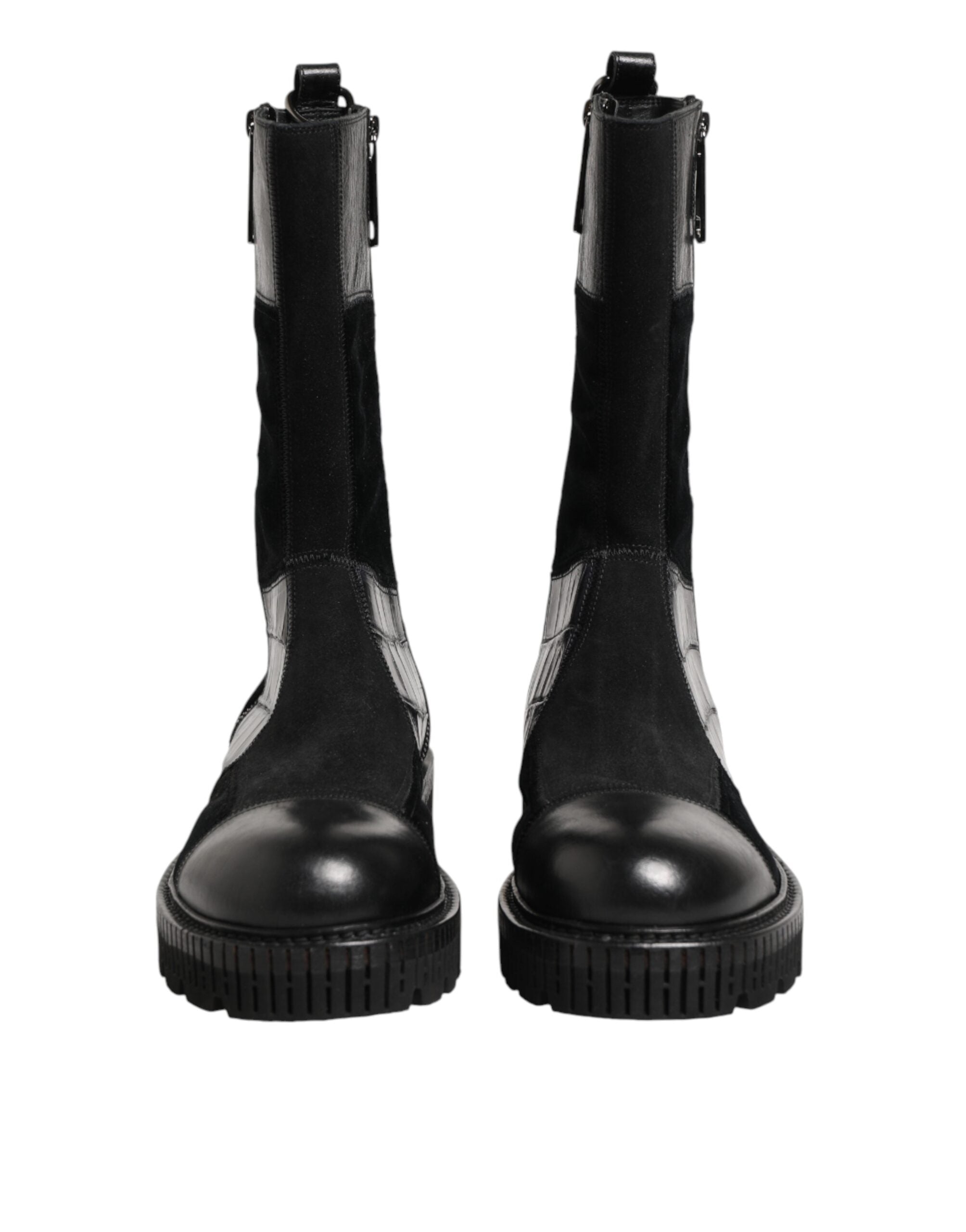 Dolce & Gabbana Black Patchwork Leather Mid Calf Boot Men's Shoes