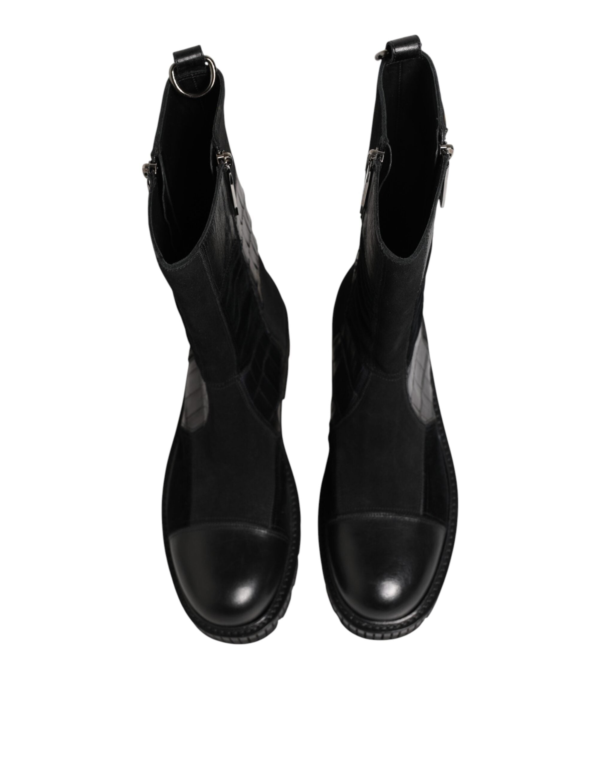 Dolce & Gabbana Black Patchwork Leather Mid Calf Boot Men's Shoes