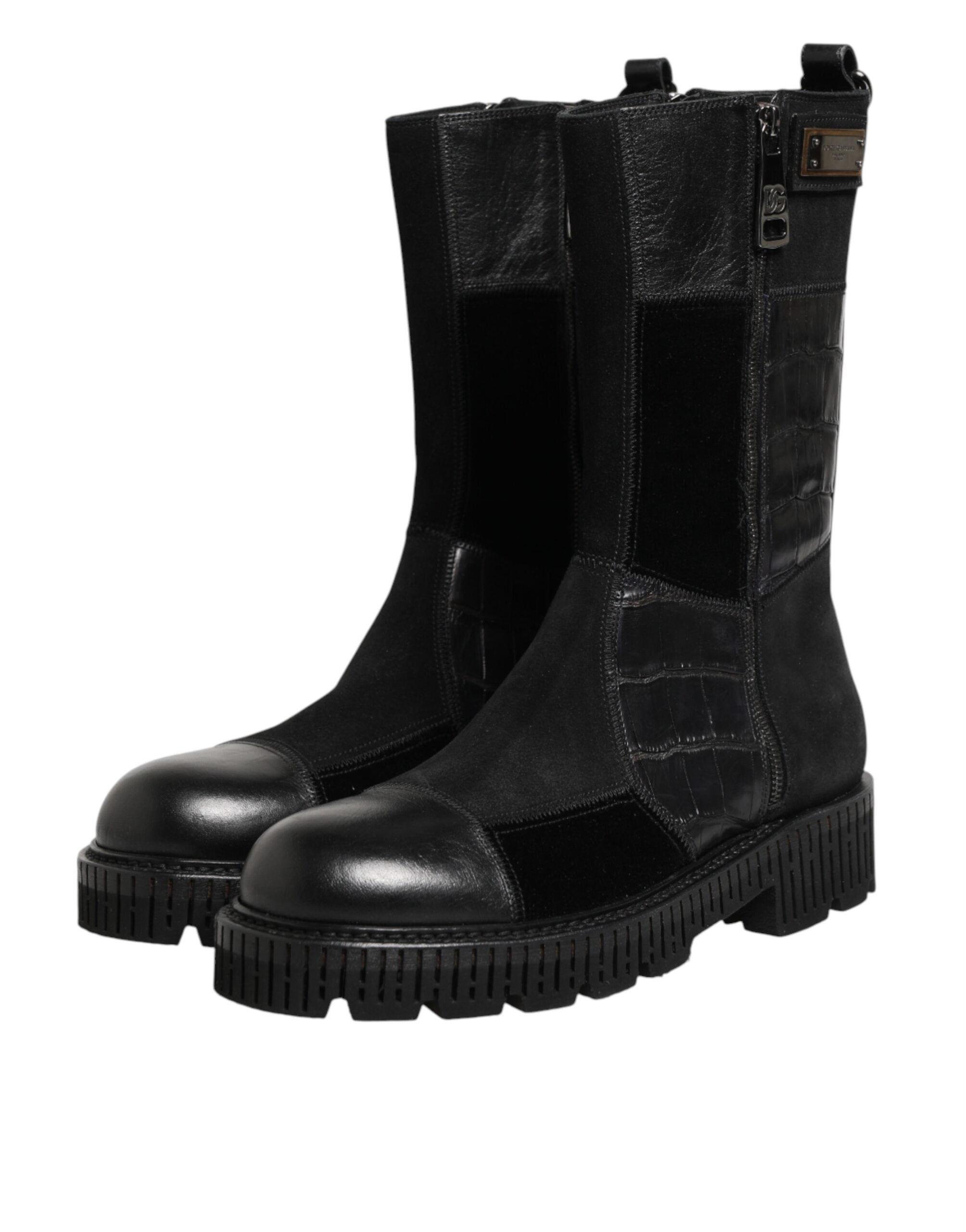 Dolce & Gabbana Black Patchwork Leather Mid Calf Boot Men's Shoes