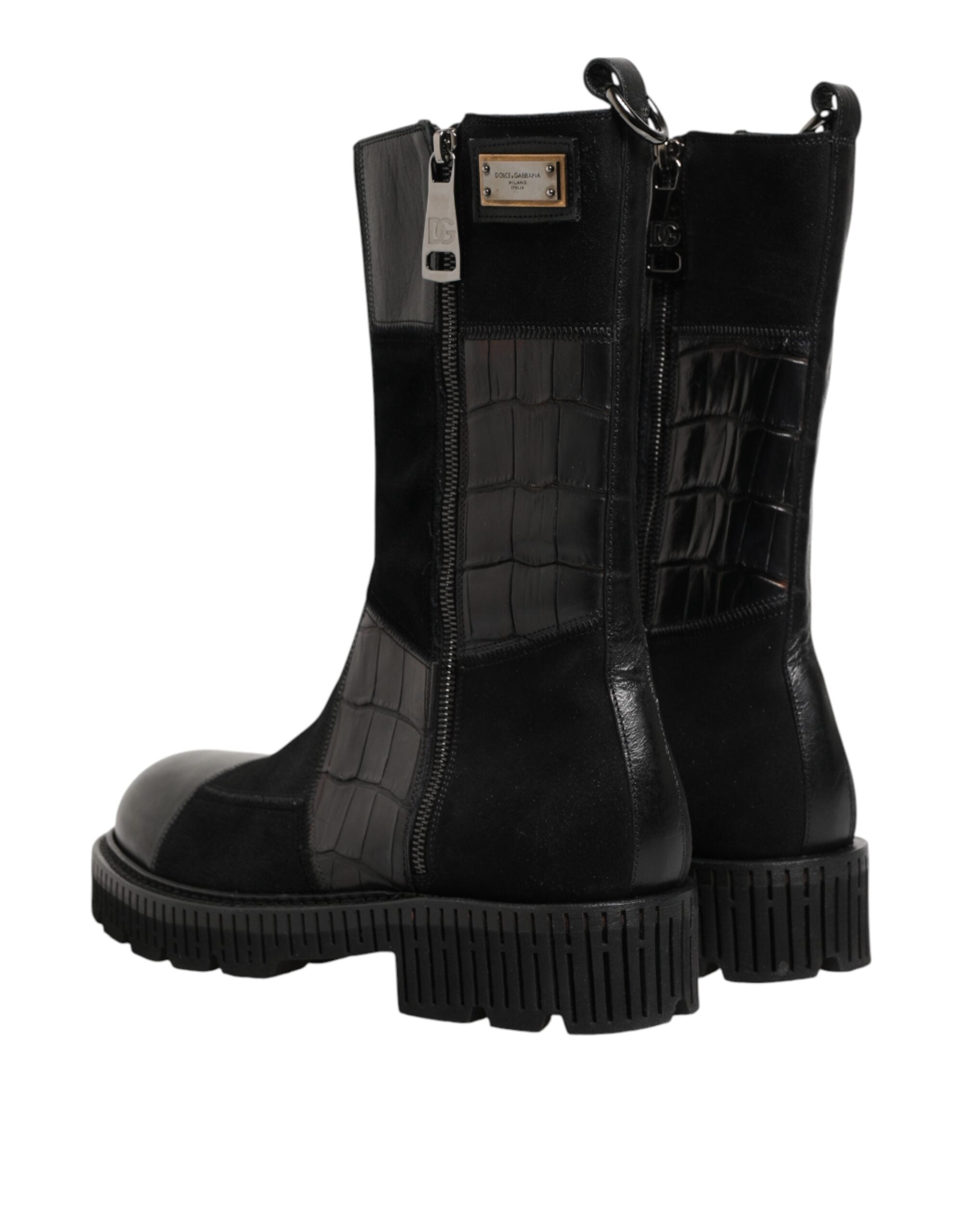 Dolce & Gabbana Black Patchwork Leather Mid Calf Boot Men's Shoes