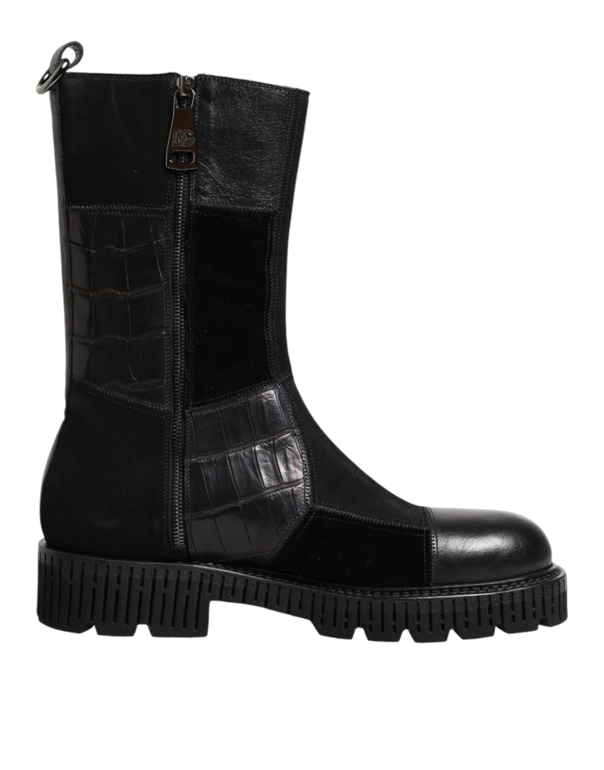 Dolce & Gabbana Black Patchwork Leather Mid Calf Boot Men's Shoes