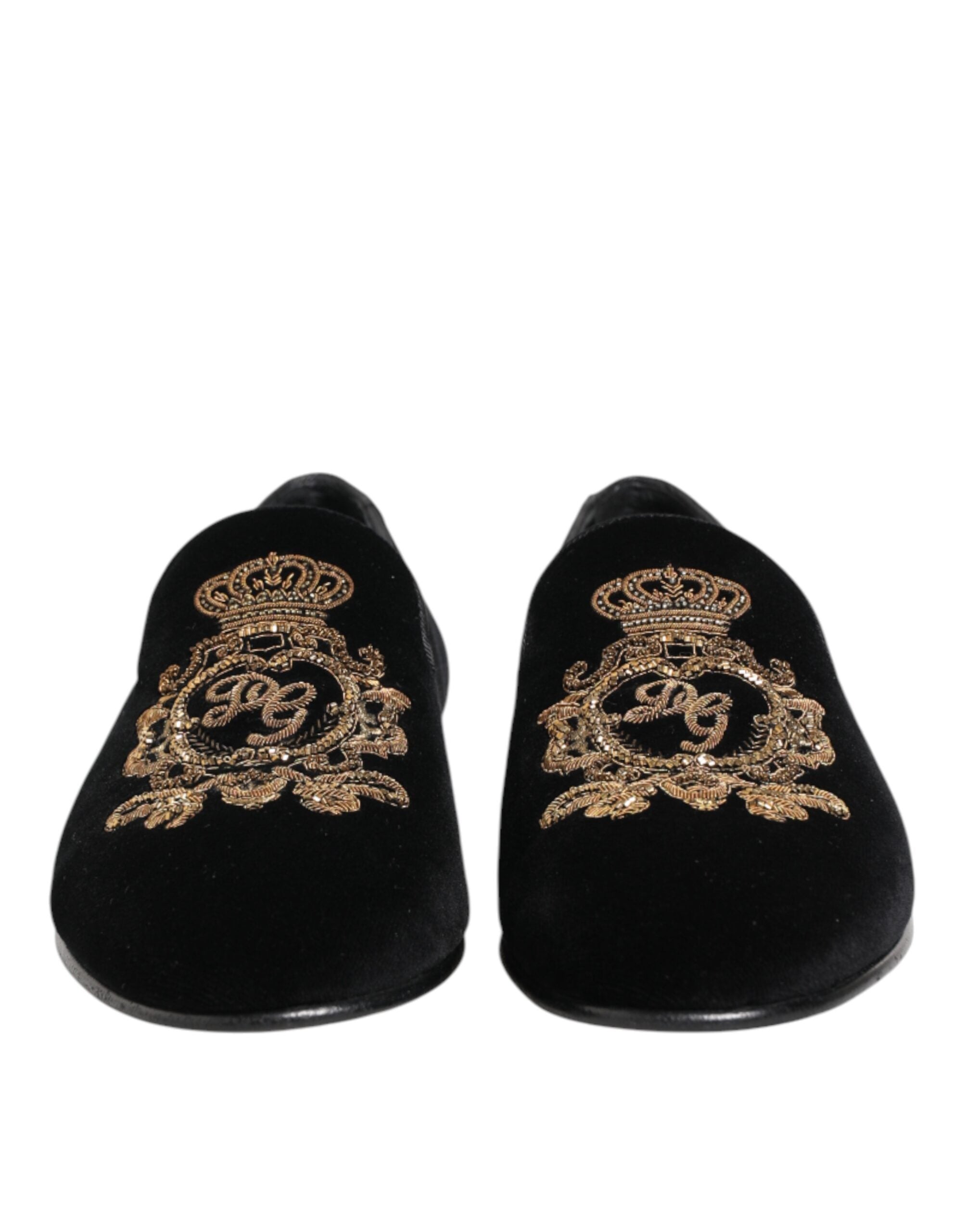 Dolce & Gabbana Black Velvet Gold Crown Mens Loafers Men's Shoes