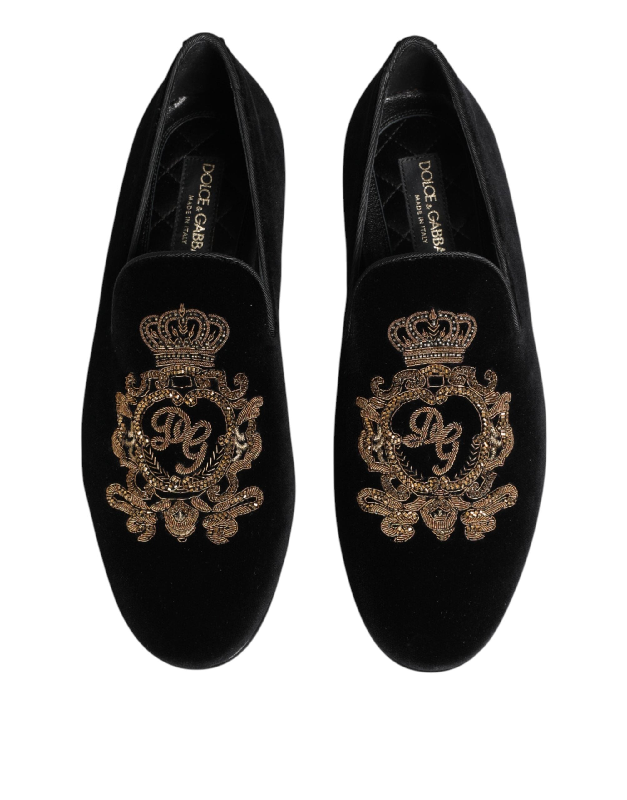 Dolce & Gabbana Black Velvet Gold Crown Mens Loafers Men's Shoes