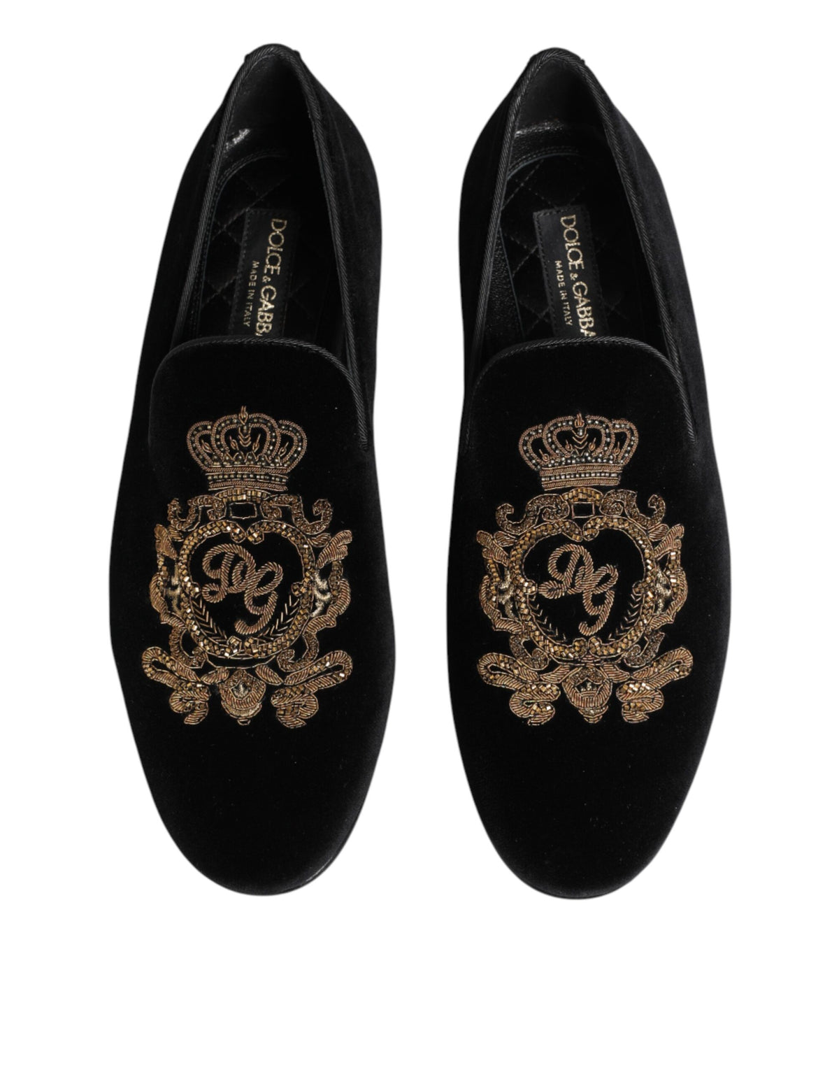 Dolce & Gabbana Black Velvet Gold Crown Mens Loafers Men's Shoes