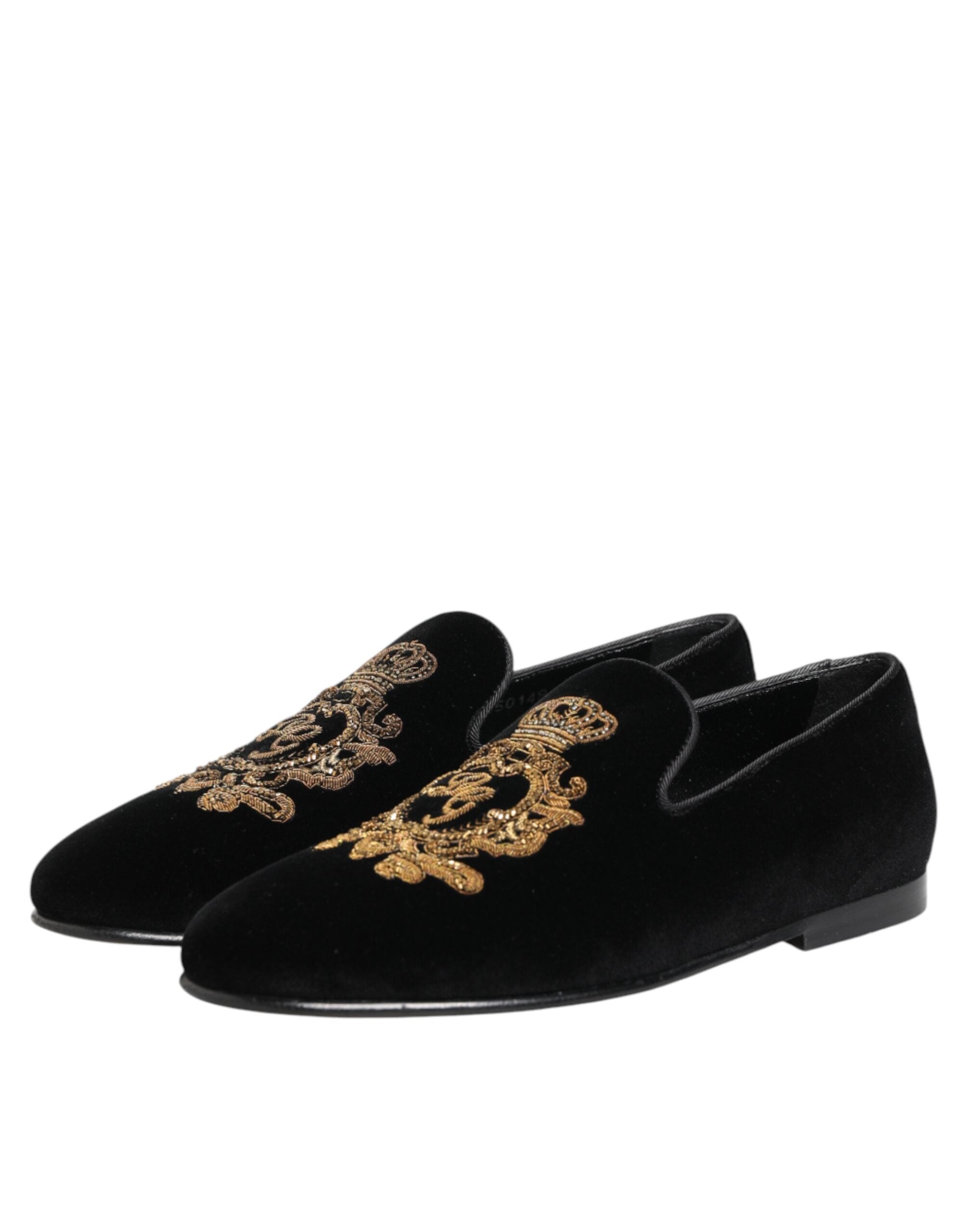 Dolce & Gabbana Black Velvet Gold Crown Mens Loafers Men's Shoes