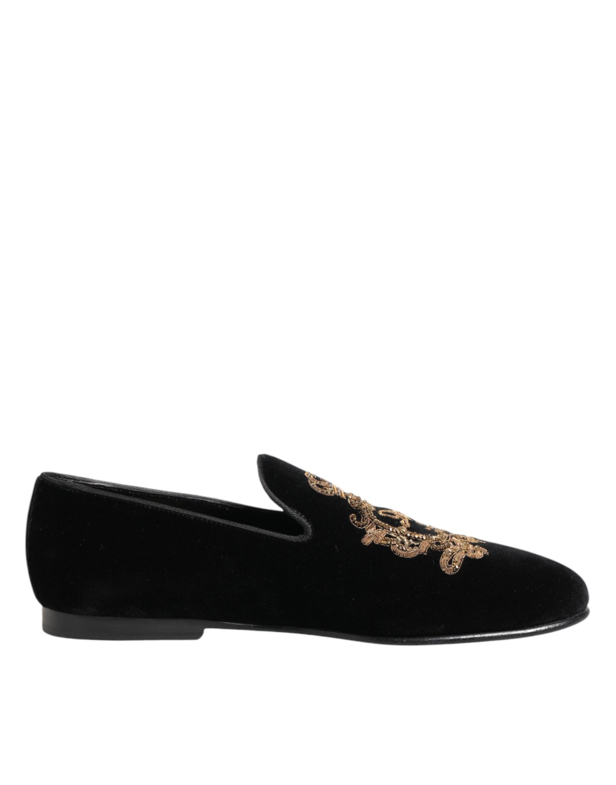 Dolce & Gabbana Black Velvet Gold Crown Mens Loafers Men's Shoes