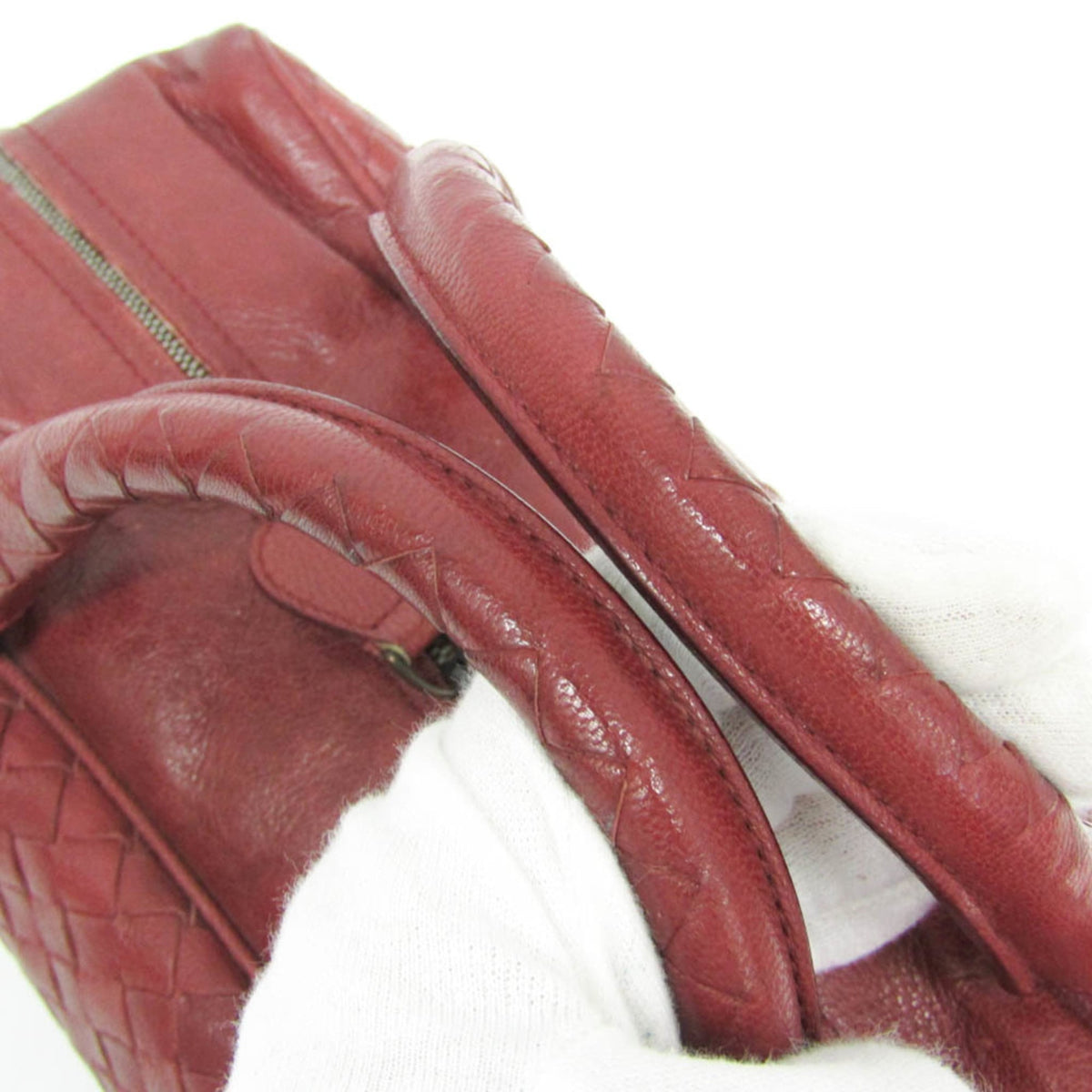 Bottega Veneta Zip Boston Intrecciato Nappa Red Leather Handbag (Pre-Owned)