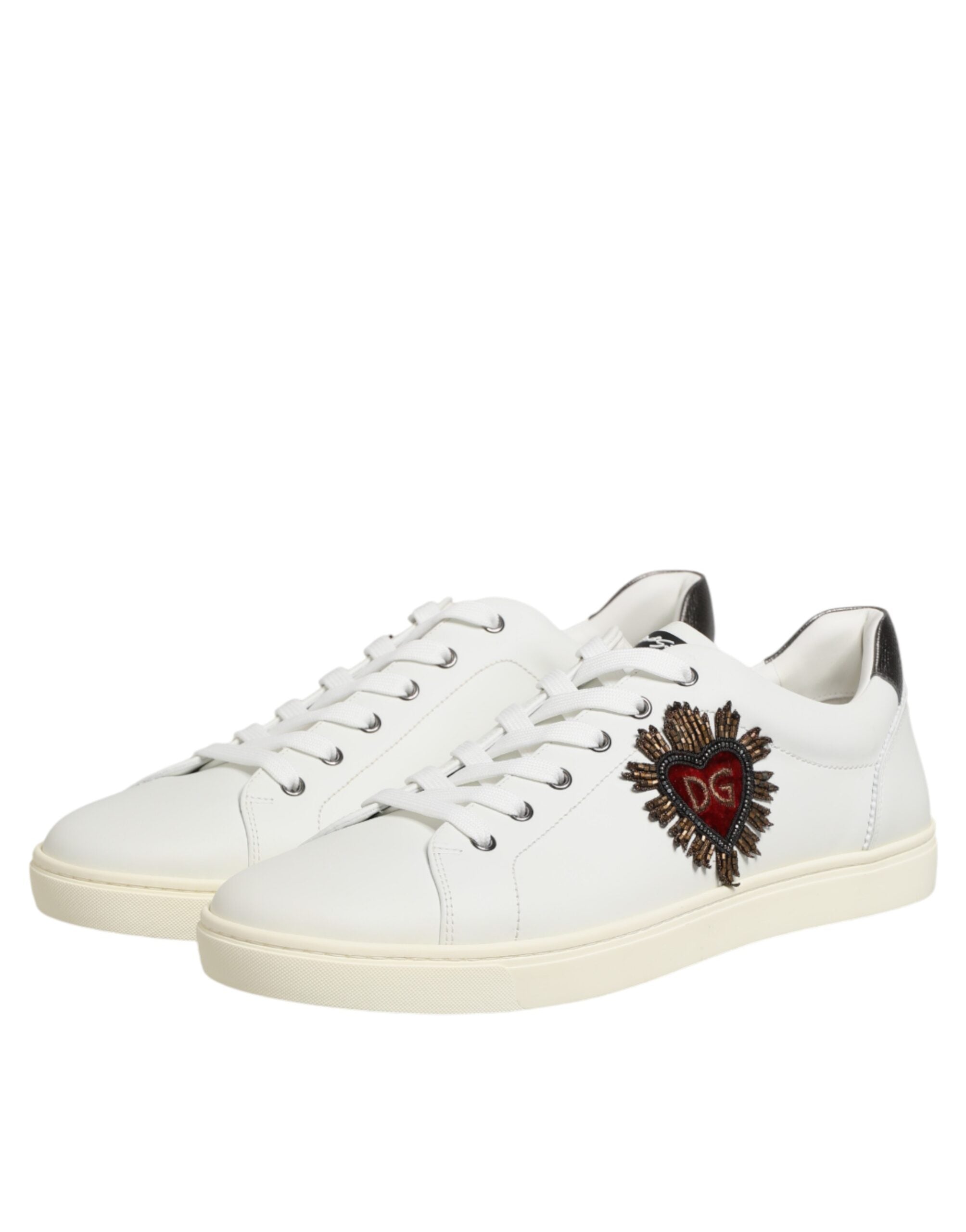 Dolce & Gabbana White Leather Heart Embellished Sneakers Men's Shoes