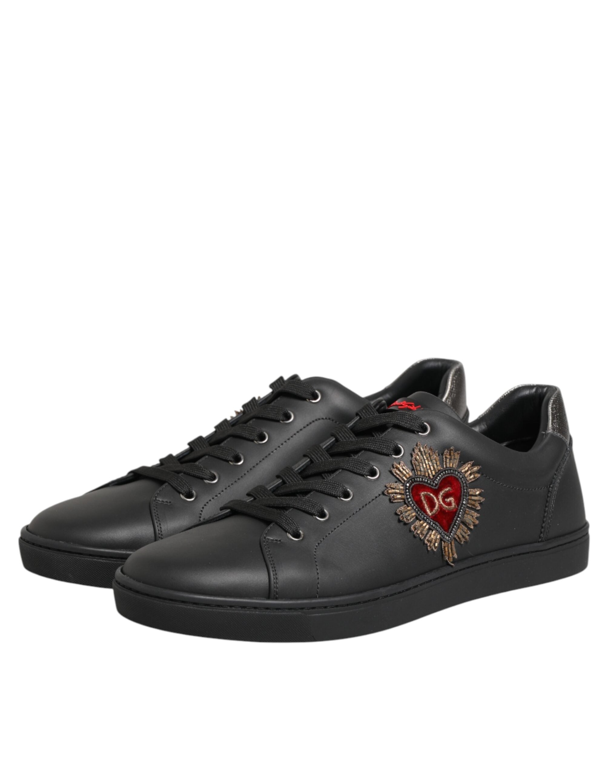 Dolce & Gabbana Black Leather Heart Embellished Sneakers Men's Shoes