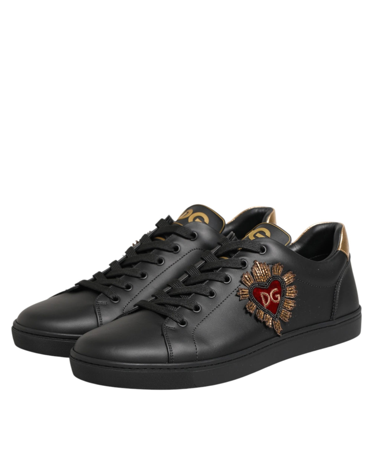 Dolce & Gabbana Black Leather Heart Embellished Sneakers Men's Shoes