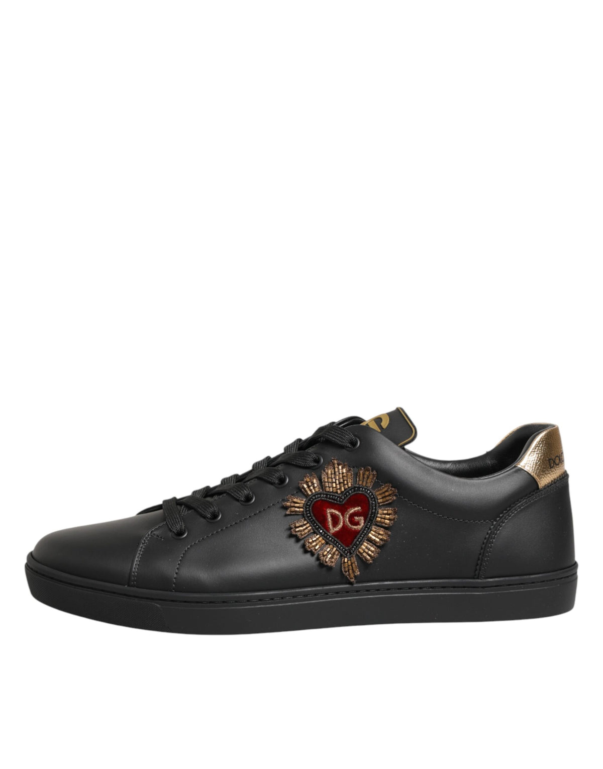 Dolce & Gabbana Black Leather Heart Embellished Sneakers Men's Shoes