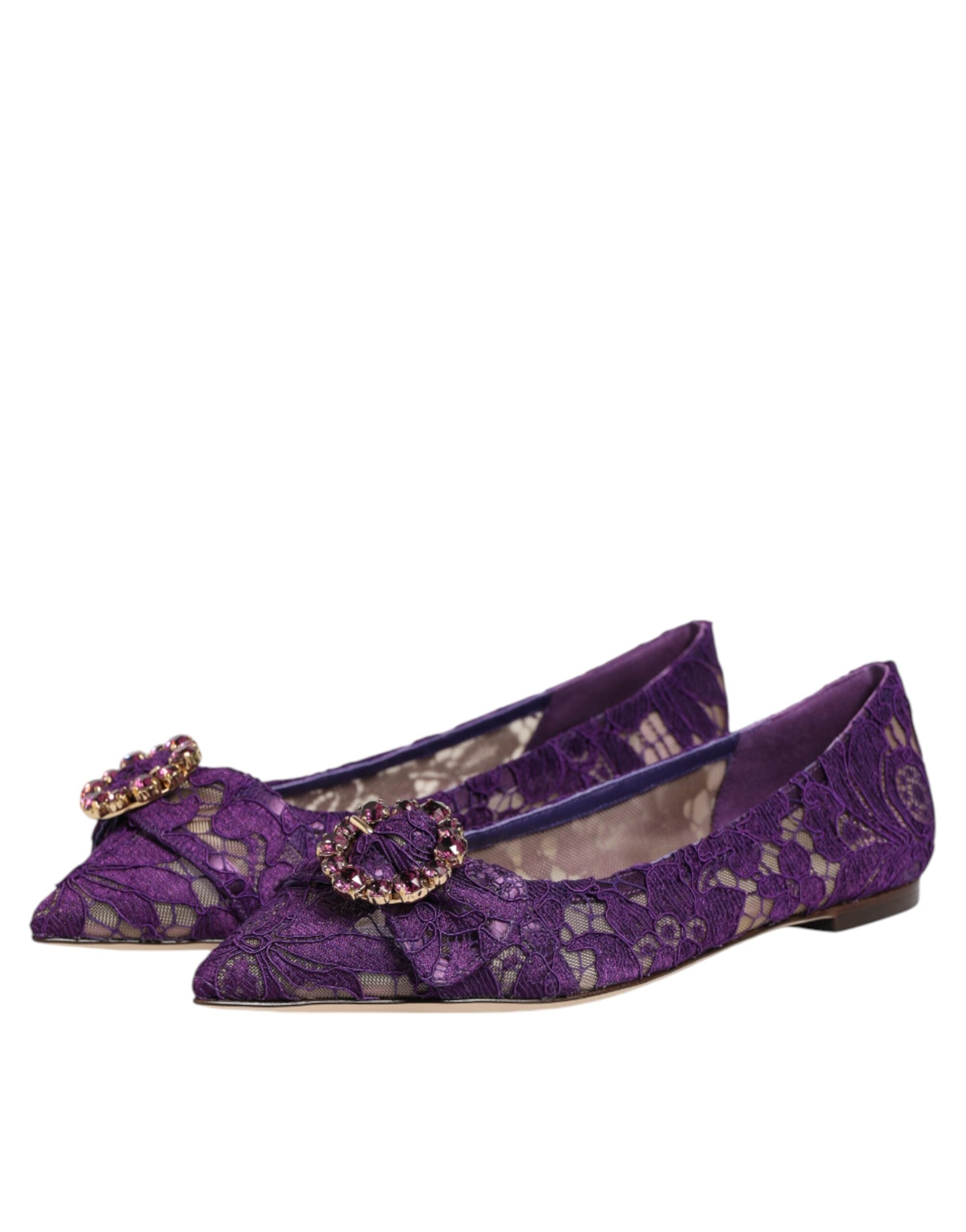 Dolce & Gabbana Purple Taormina Lace Crystals Flats Women's Shoes