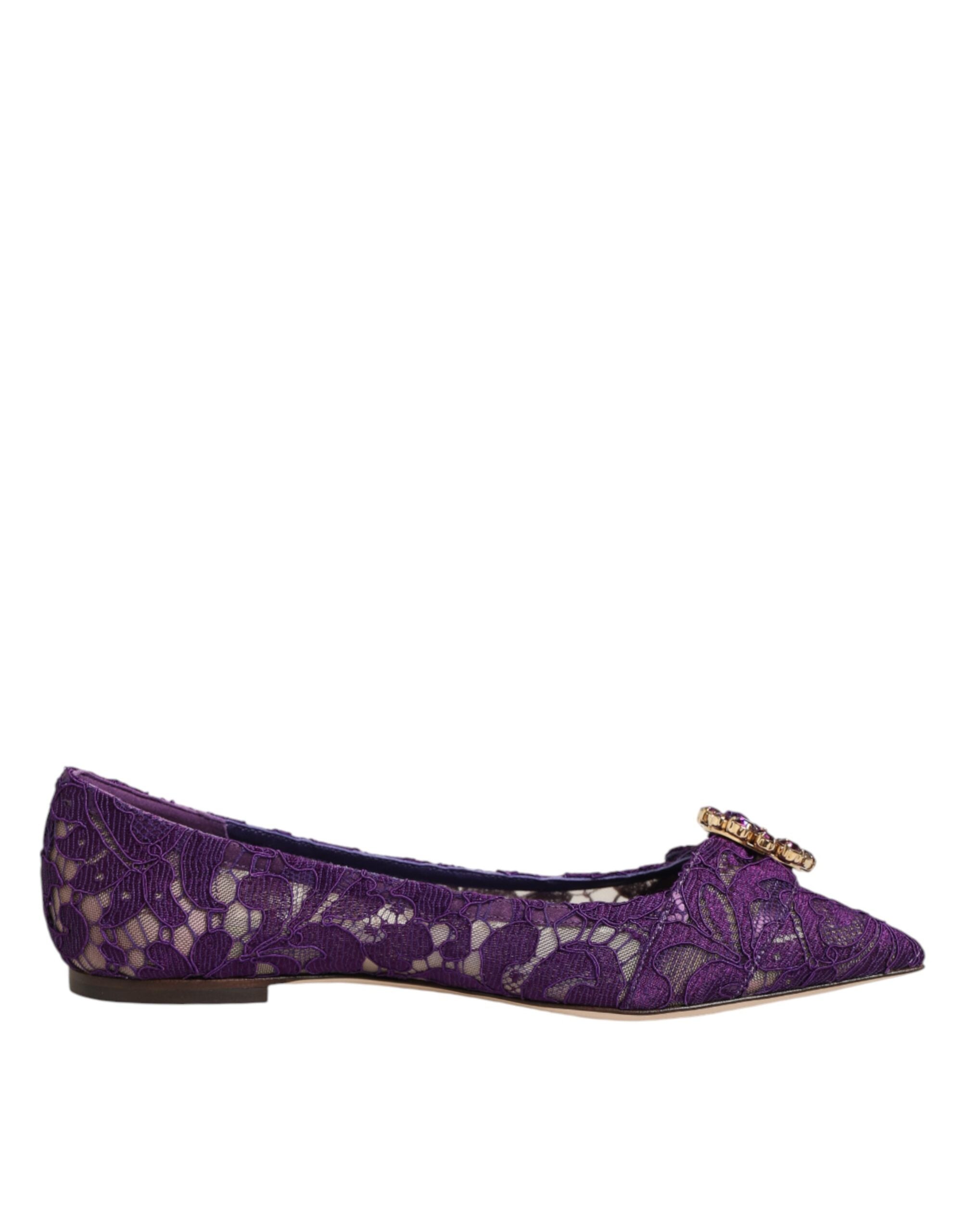 Dolce & Gabbana Purple Taormina Lace Crystals Flats Women's Shoes