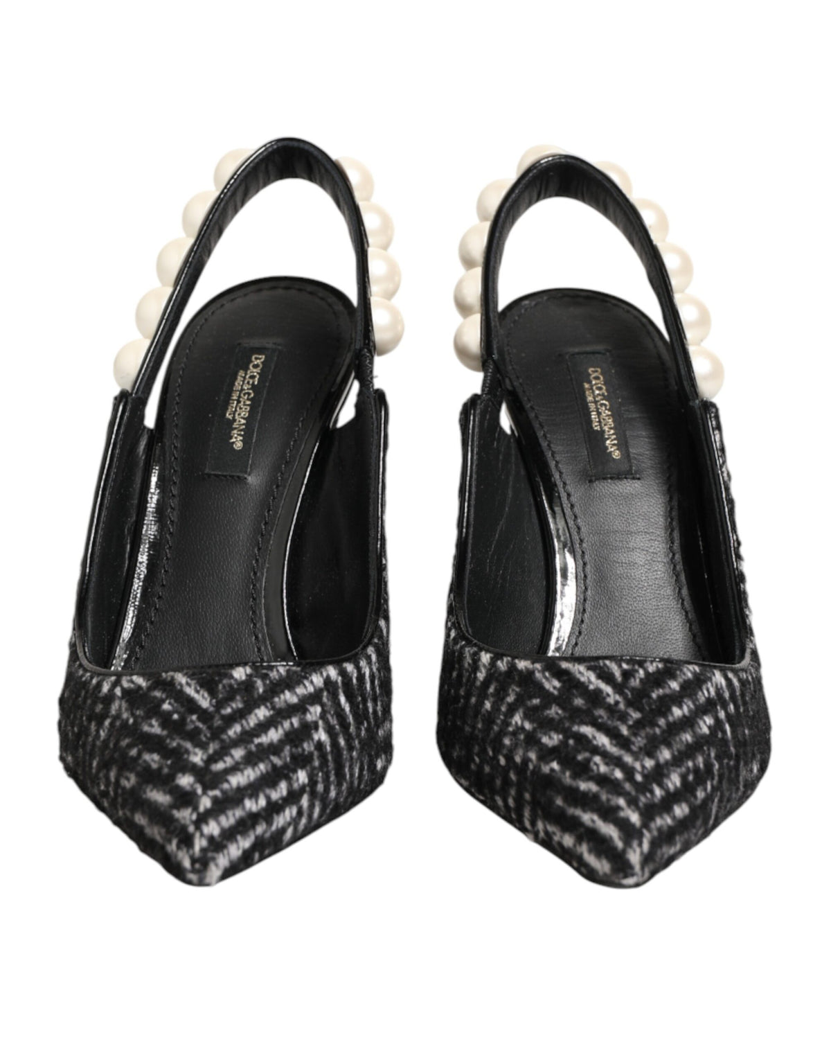 Dolce & Gabbana White Black Chevron Faux Pearl Slingbacks Women's Shoes