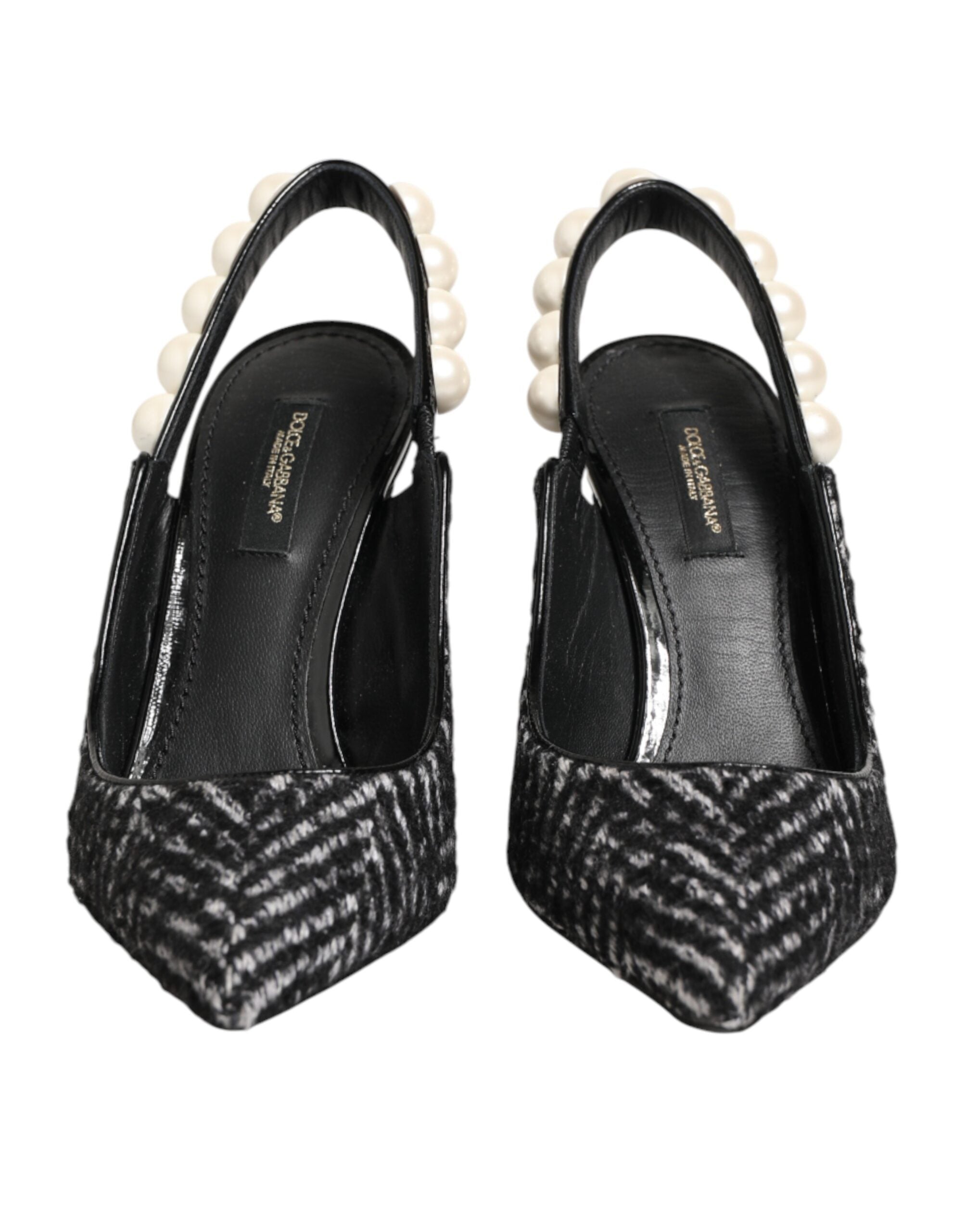 Dolce & Gabbana White Black Chevron Faux Pearl Slingbacks Women's Shoes