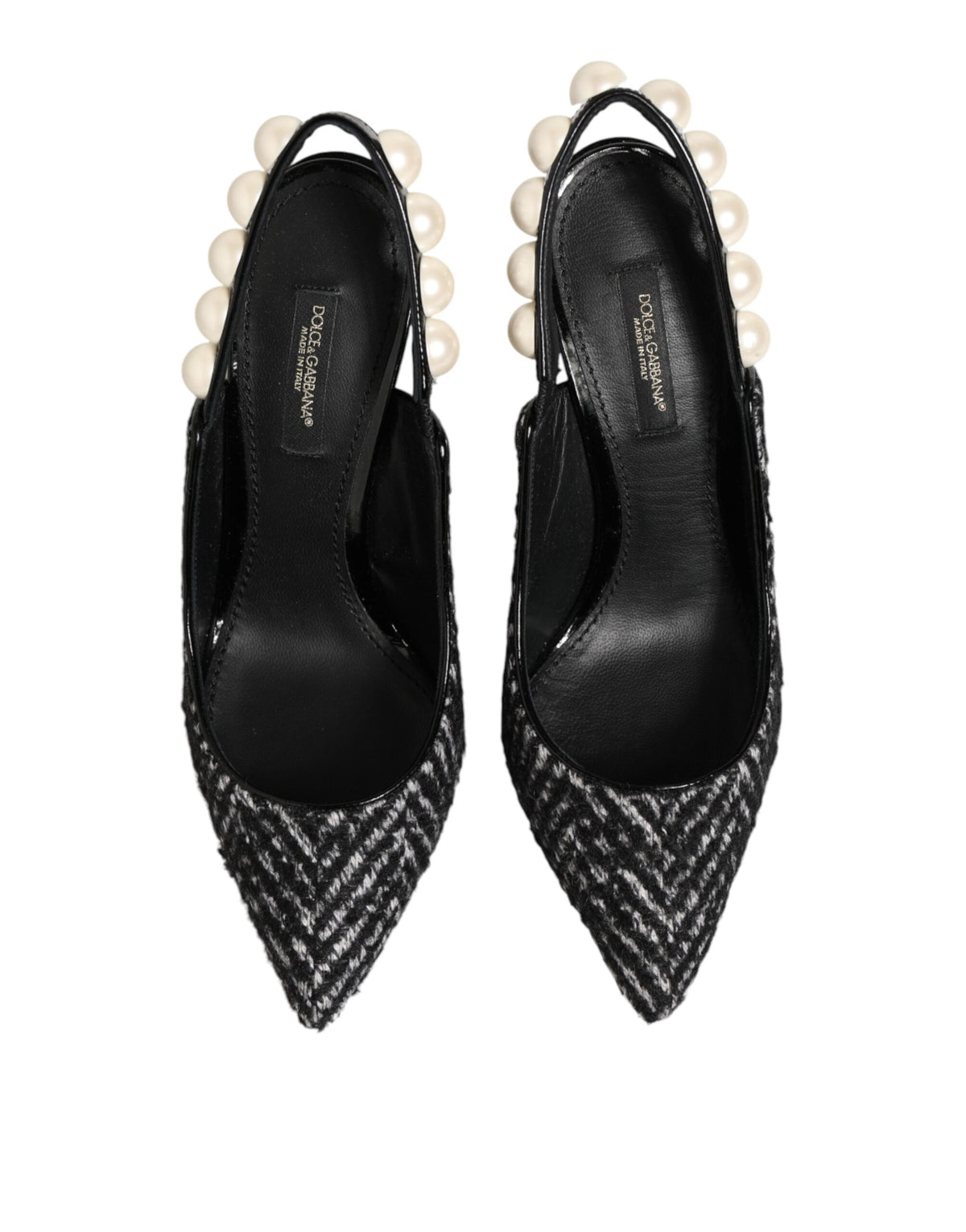 Dolce & Gabbana White Black Chevron Faux Pearl Slingbacks Women's Shoes