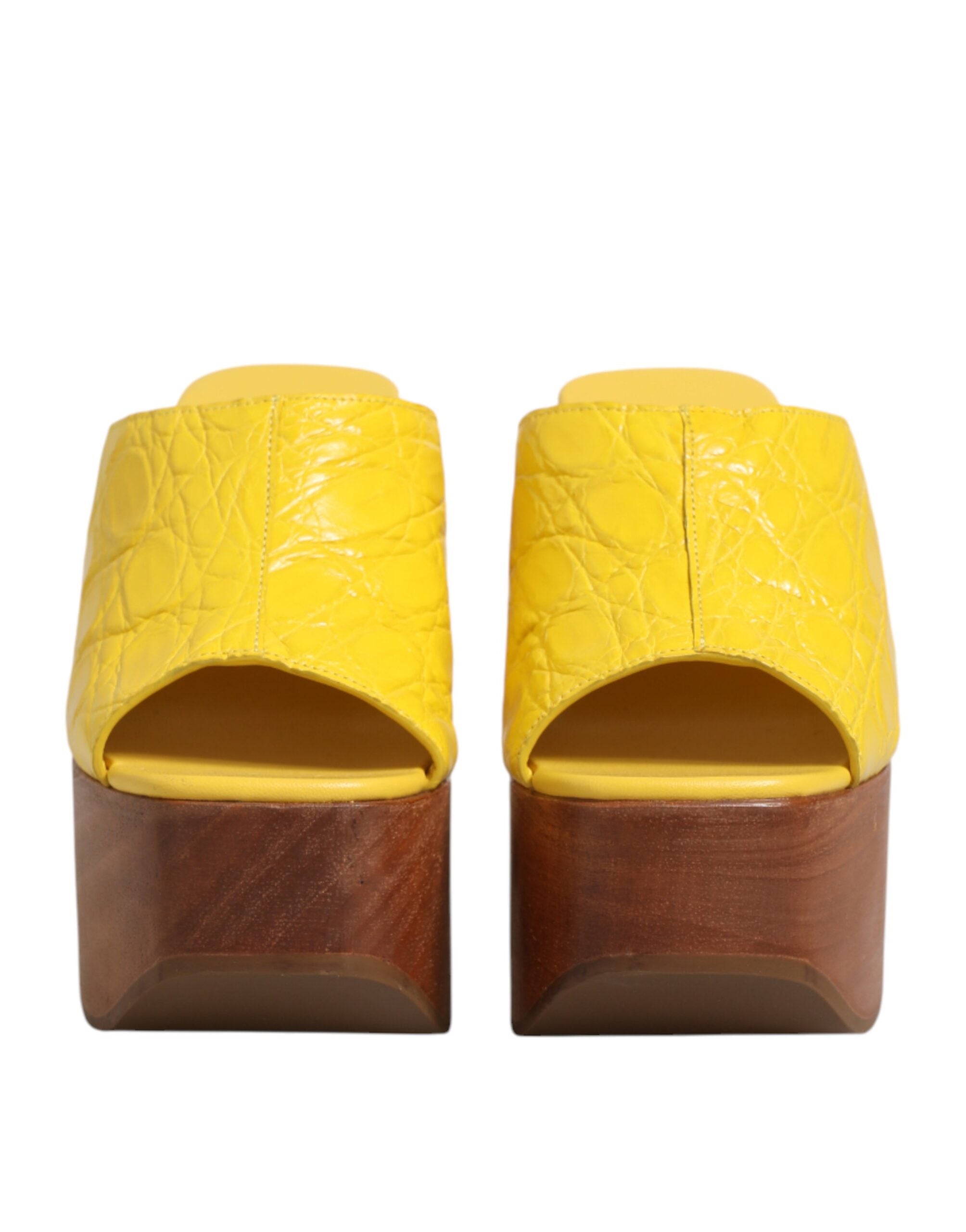 Dolce & Gabbana Yellow Leather Wood Mule Wedge Slides Women's Shoes