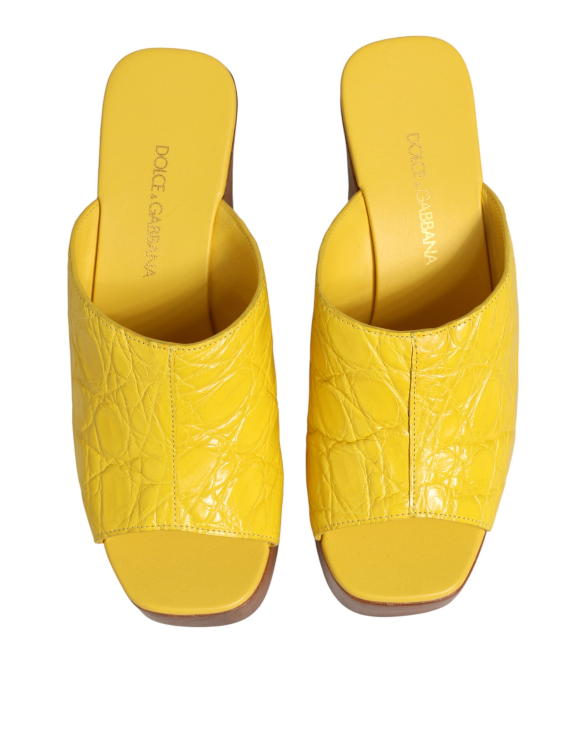 Dolce & Gabbana Yellow Leather Wood Mule Wedge Slides Women's Shoes