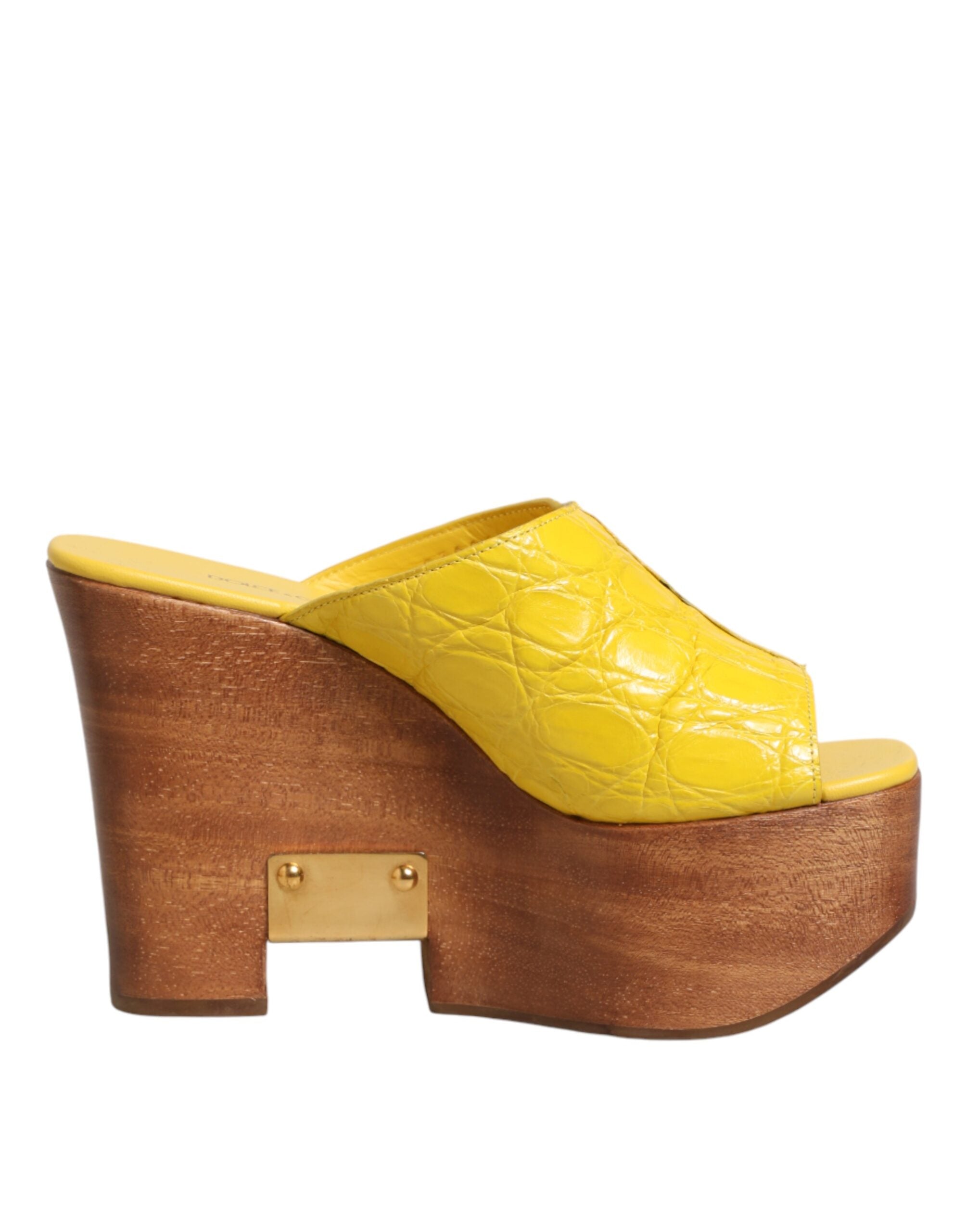 Dolce & Gabbana Yellow Leather Wood Mule Wedge Slides Women's Shoes