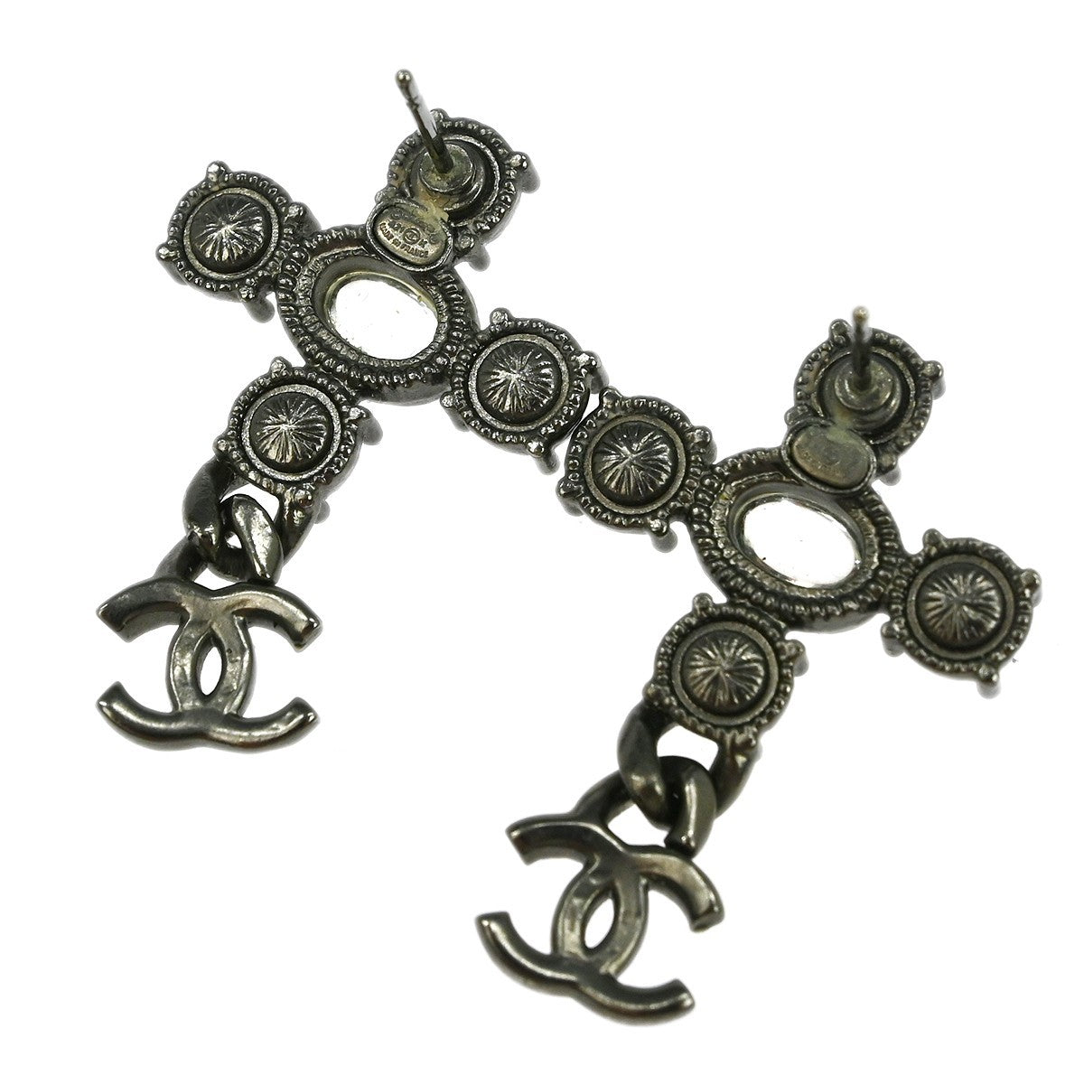 Chanel Cc Dangle Metal With Crystals Silver Silver_Plated Earrings Jewelry (Pre-Owned)