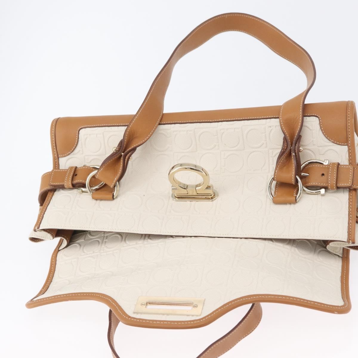 Salvatore Ferragamo Gancini Top Handle Canvas White Pvc Handbag (Pre-Owned)