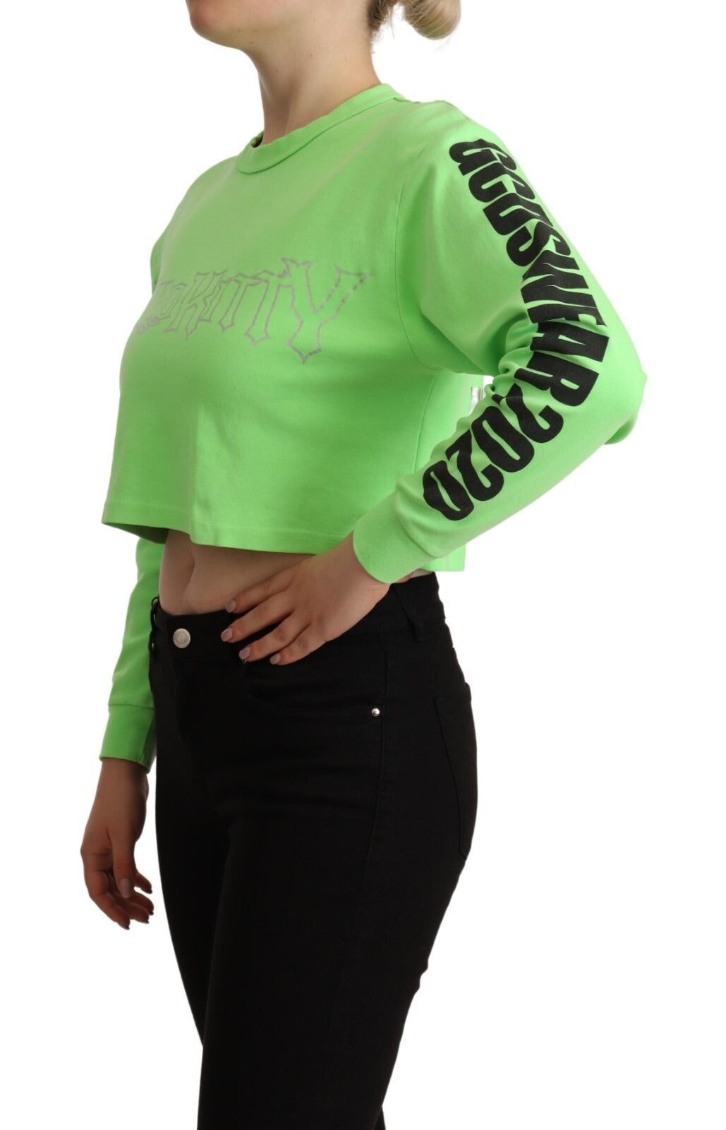 GCDS Mint Green Printed Long Sleeves Cropped Top Women's Sweater
