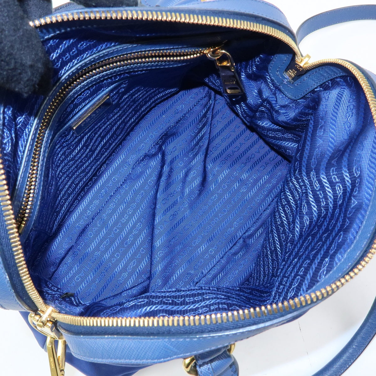 Prada Convertible Dome Satchel Tessuto With Saffiano Leather Blue Nylon Handbag (Pre-Owned)