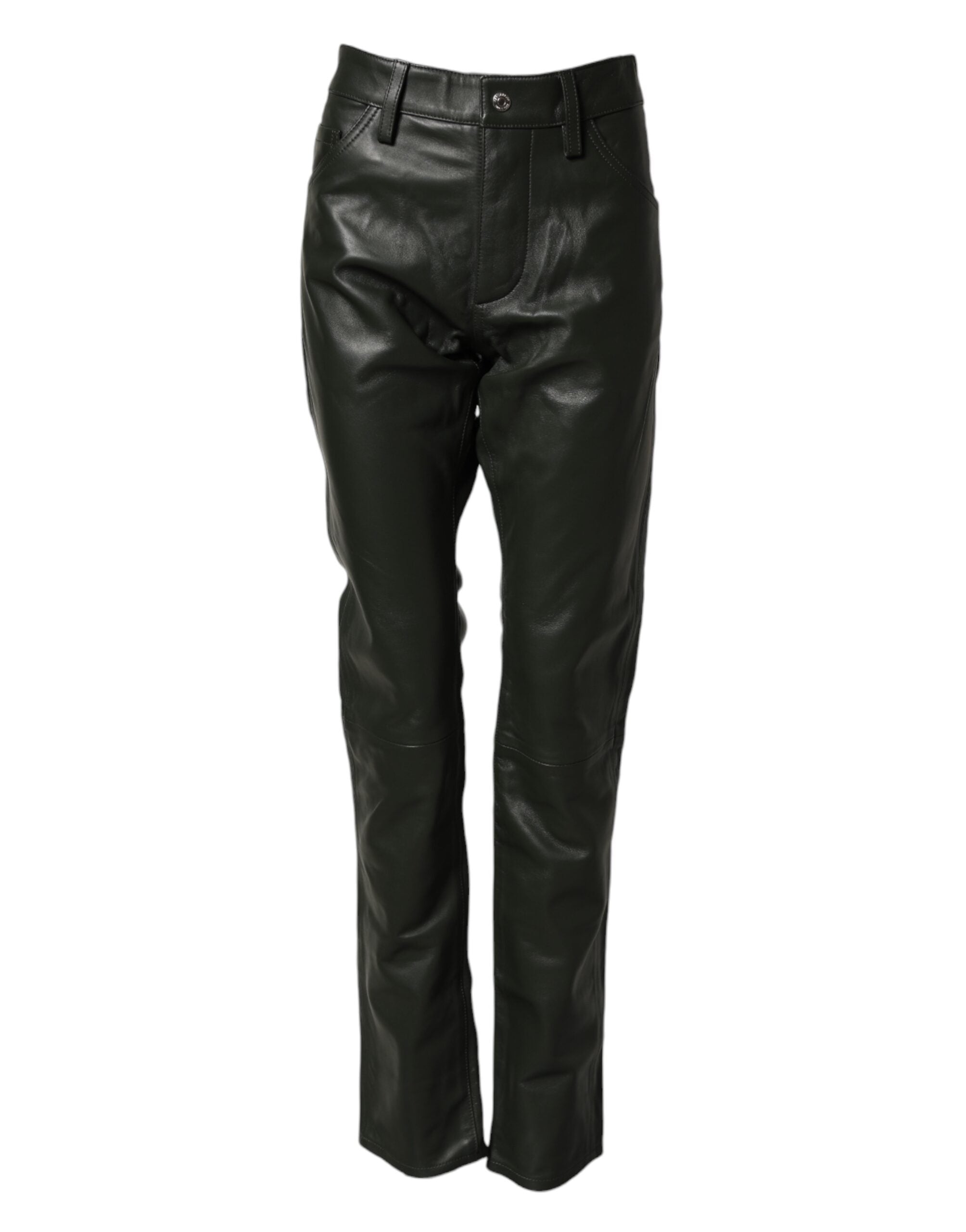 Dsquared² Black Full Grain Leather Mid Waist Trouser Men's Pants