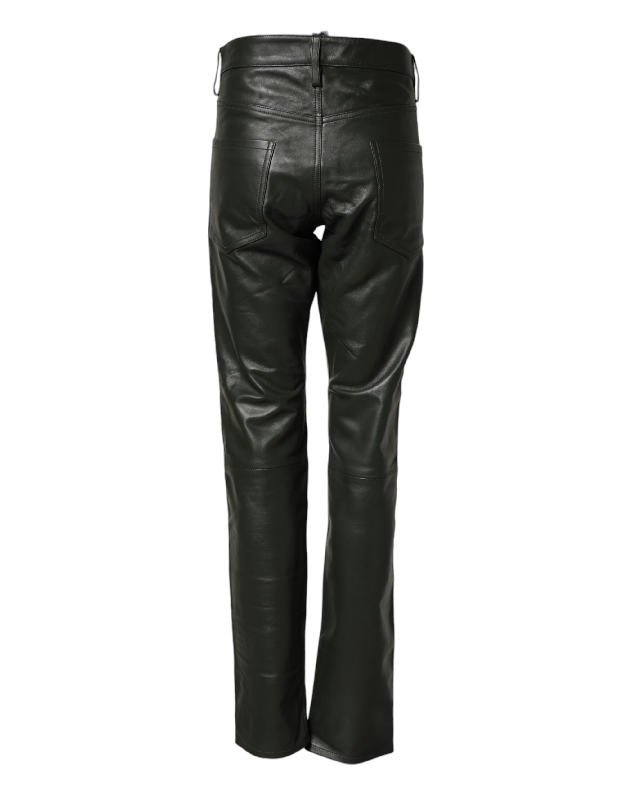 Dsquared² Black Full Grain Leather Mid Waist Trouser Men's Pants