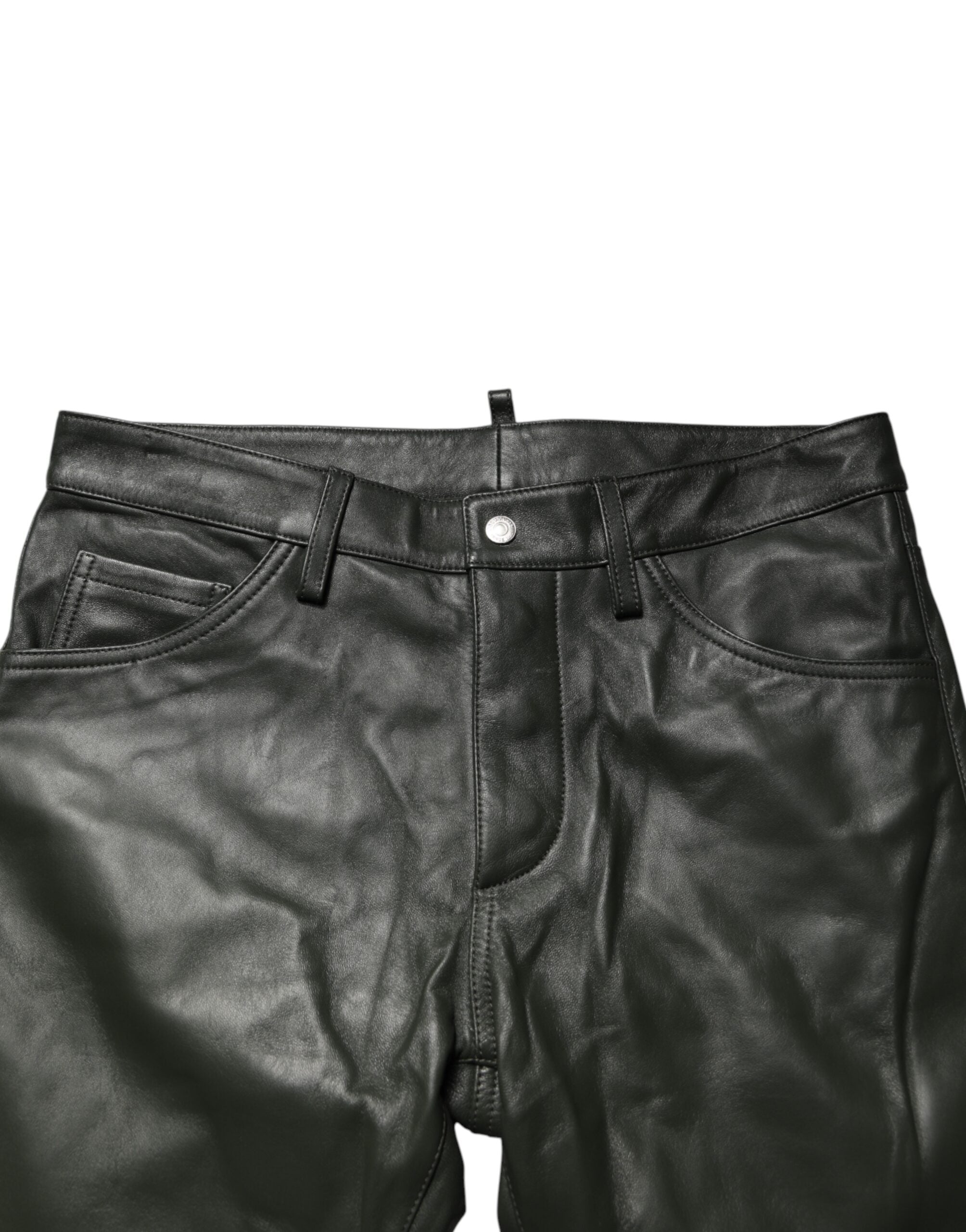 Dsquared² Black Full Grain Leather Mid Waist Trouser Men's Pants