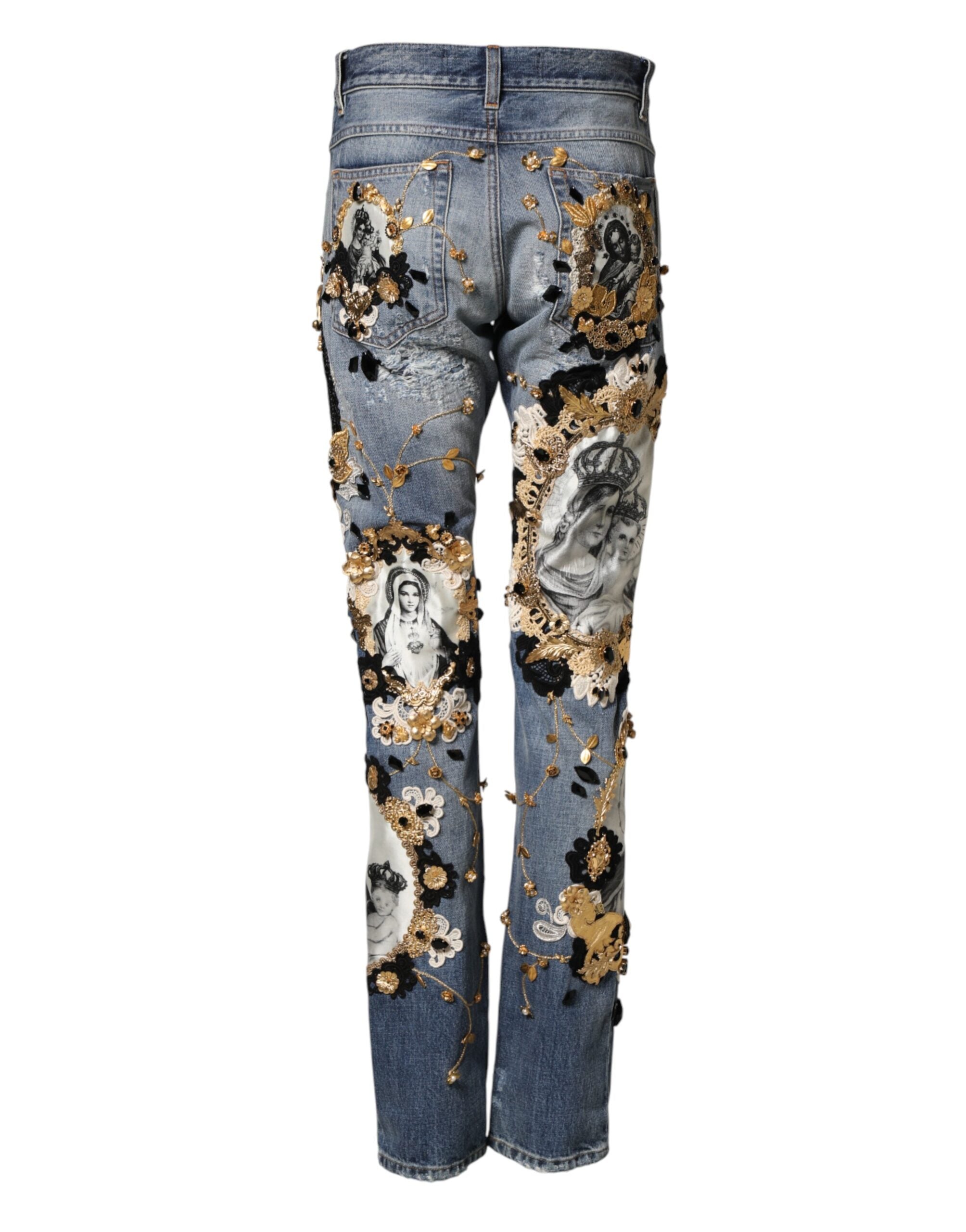 Dolce & Gabbana Blue Ripped Embellished Cotton Denim Men's Jeans