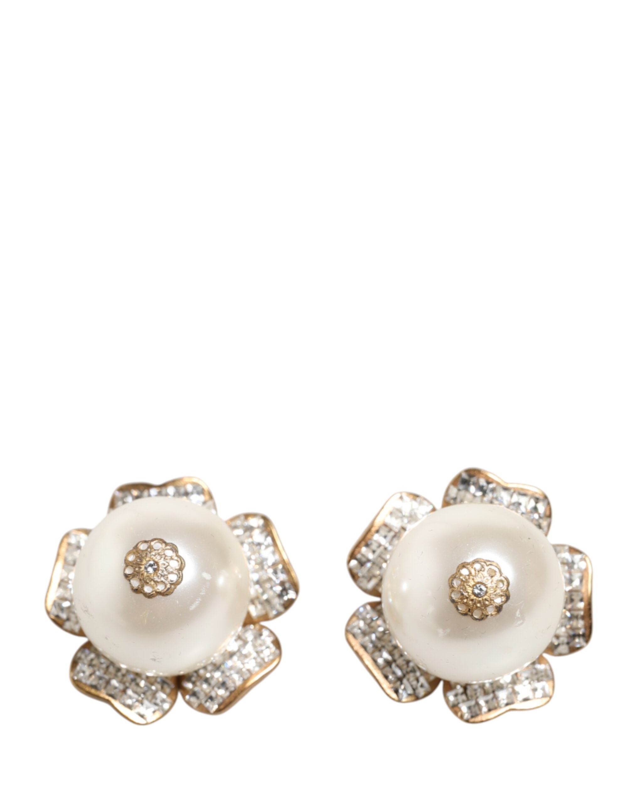 Dolce & Gabbana Gold Tone Maxi Faux Pearl Floral Clip-on Jewelry Women's Earrings (Pre-Owned)