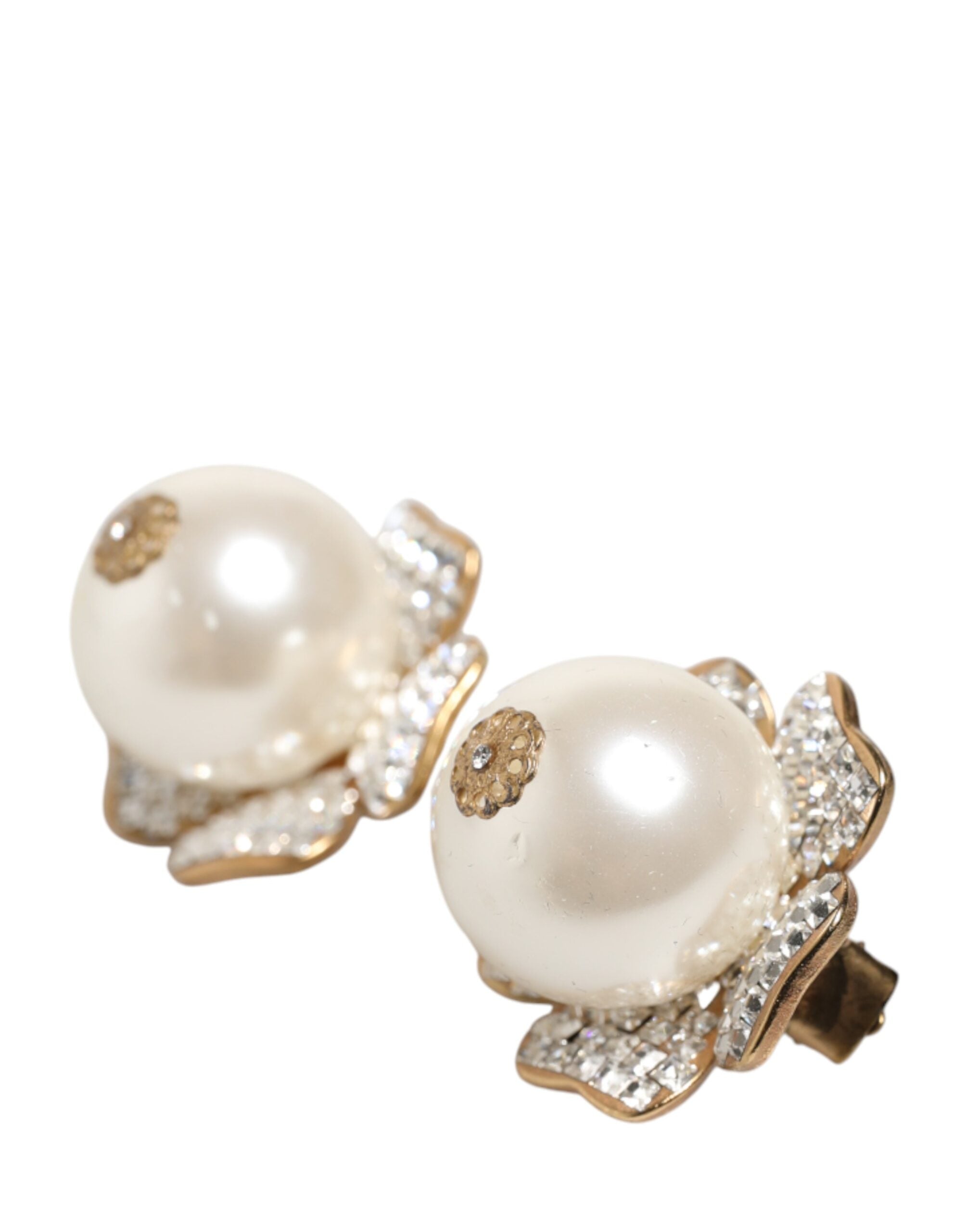 Dolce & Gabbana Gold Tone Maxi Faux Pearl Floral Clip-on Jewelry Women's Earrings (Pre-Owned)