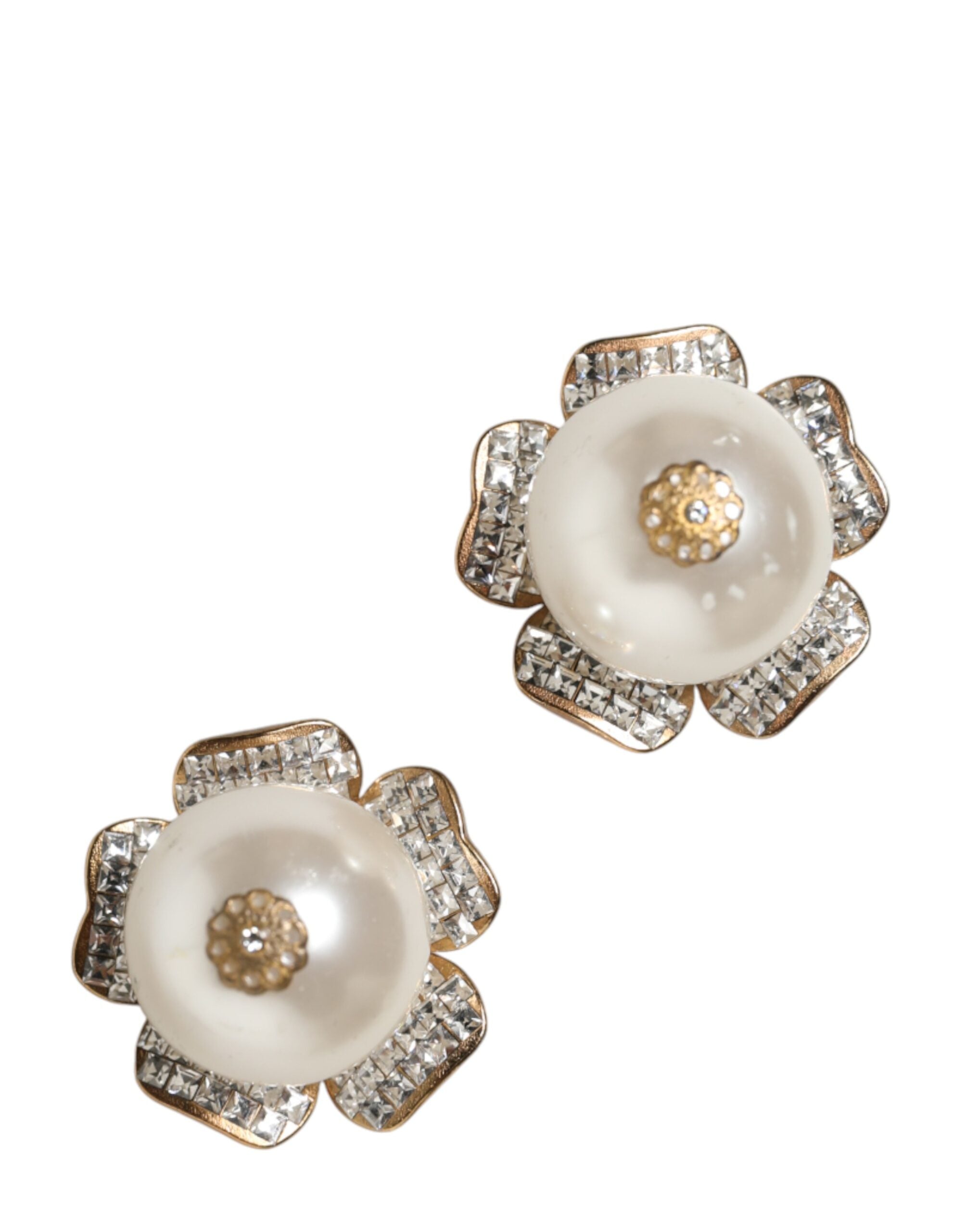 Dolce & Gabbana Gold Tone Maxi Faux Pearl Floral Clip-on Jewelry Women's Earrings (Pre-Owned)