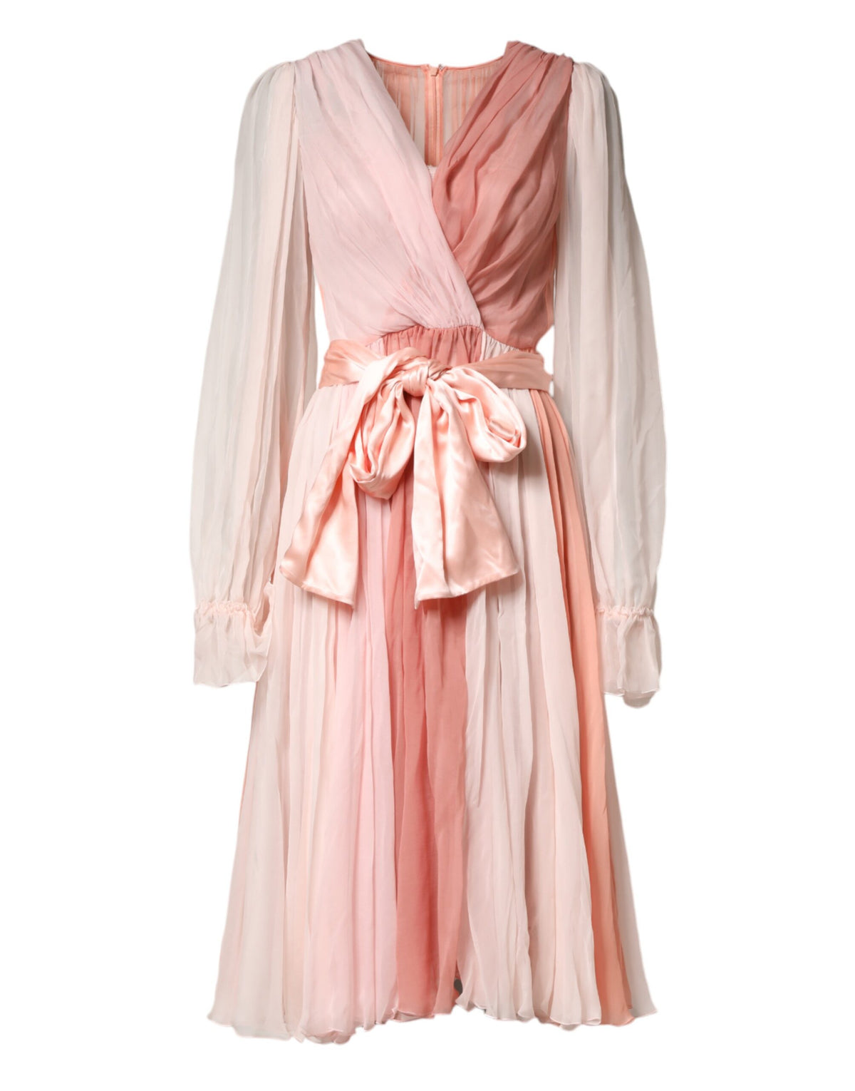 Dolce & Gabbana Pink Silk Tulle Long Sleeve V-neck Women's Dress