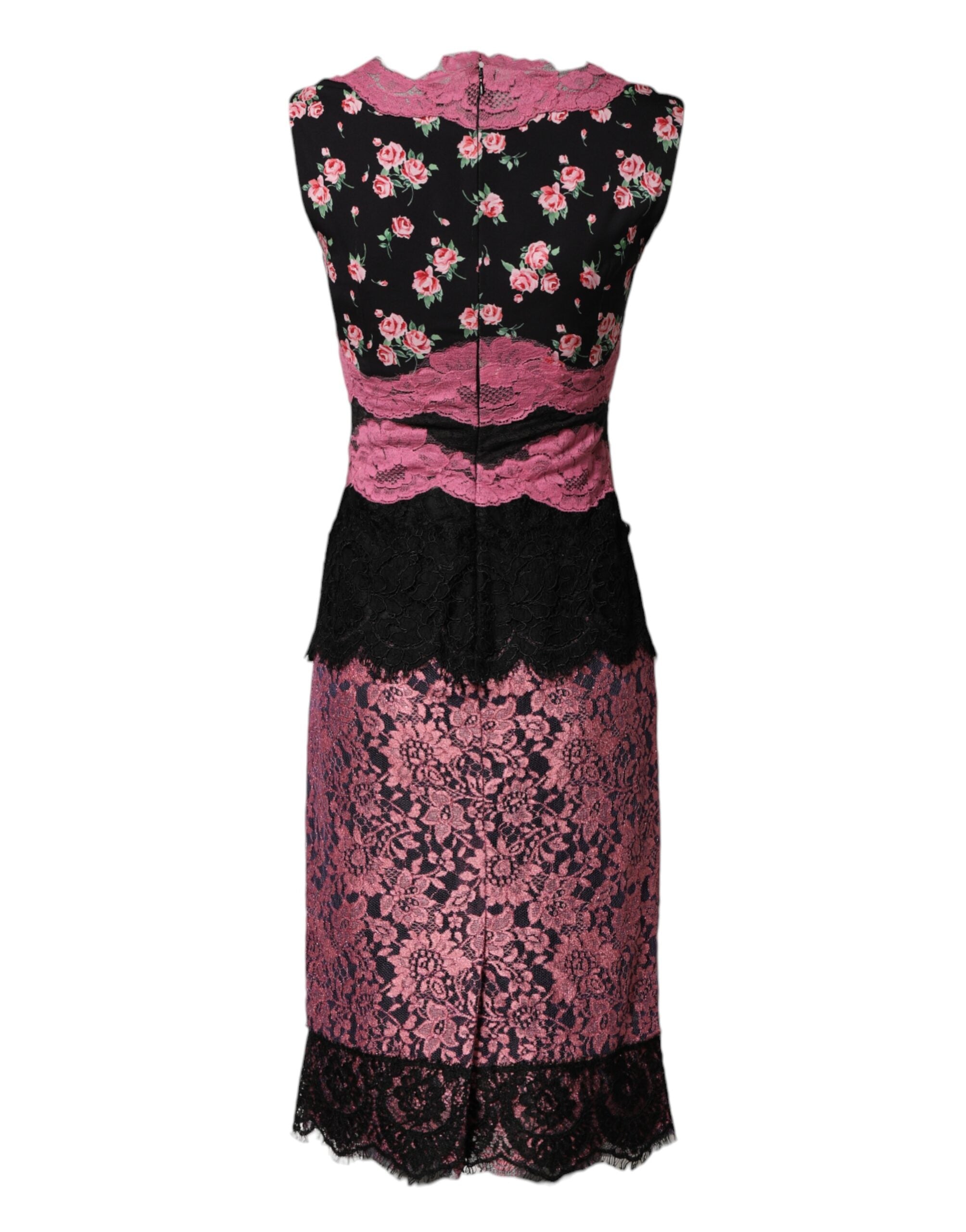 Dolce & Gabbana Black Pink Floral Lace Silk Sheath Women's Dress