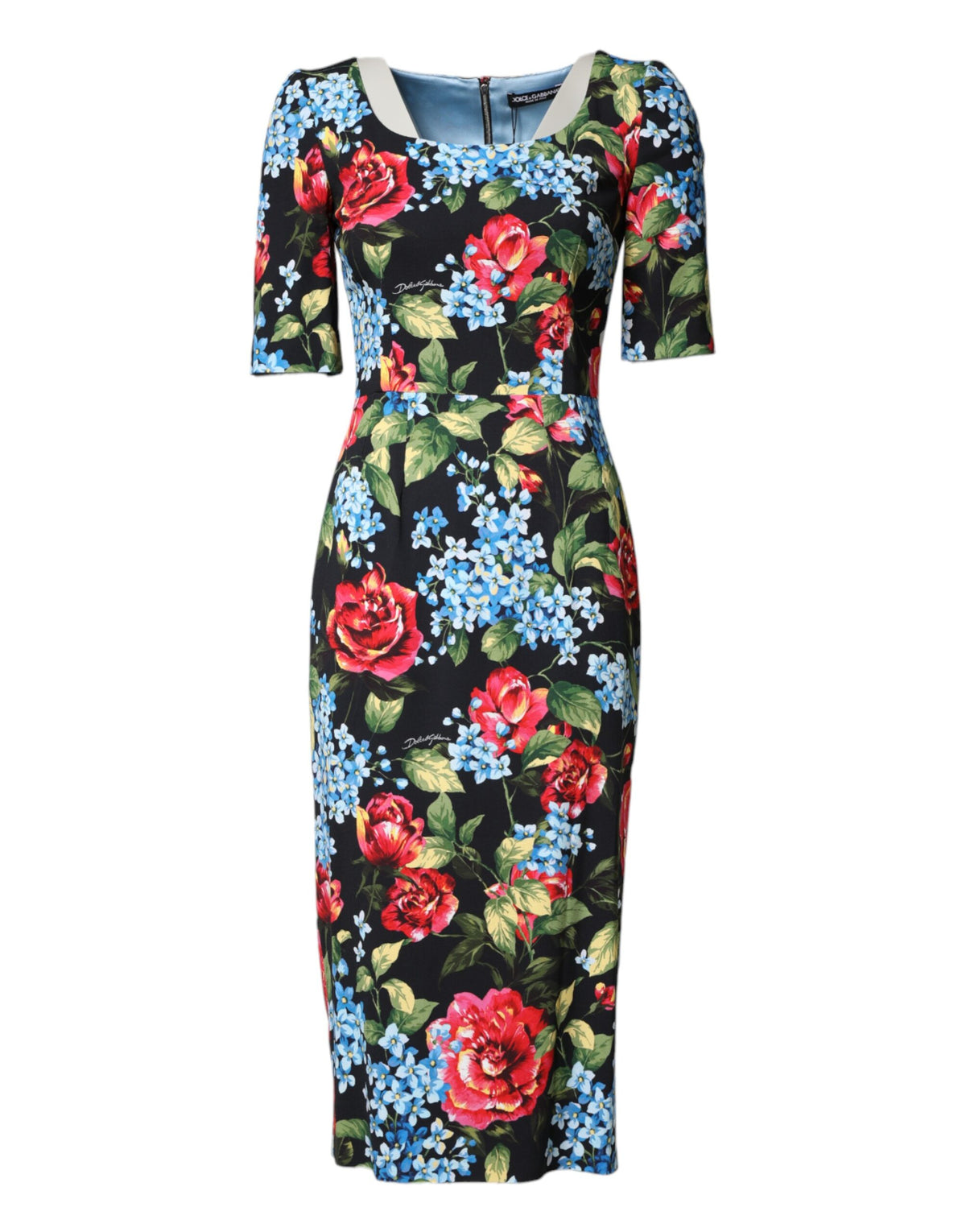 Dolce & Gabbana Black Floral Print Viscose Sheath Midi Women's Dress