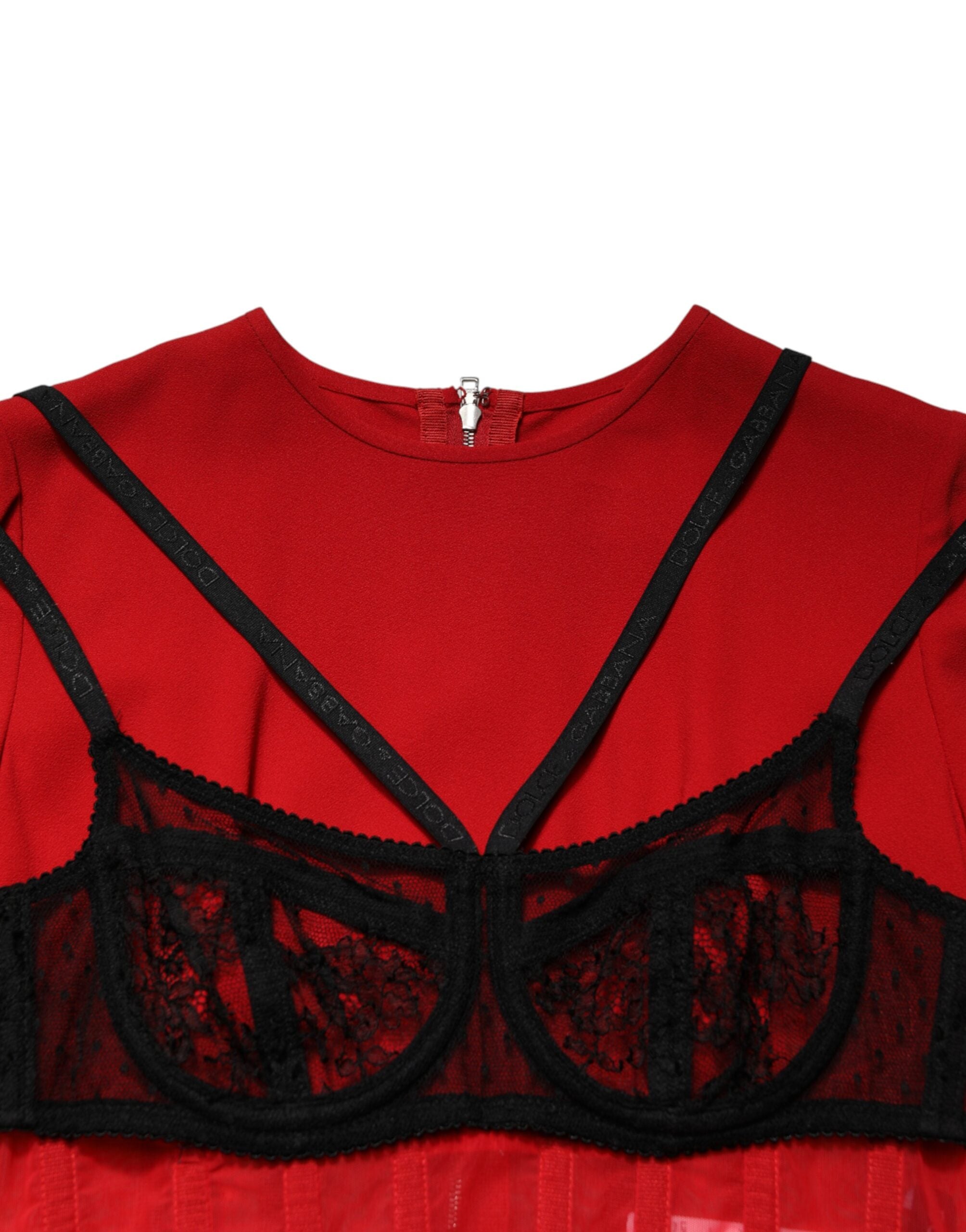 Dolce & Gabbana Black Red Contrasting Bra Cady Midi Women's Dress